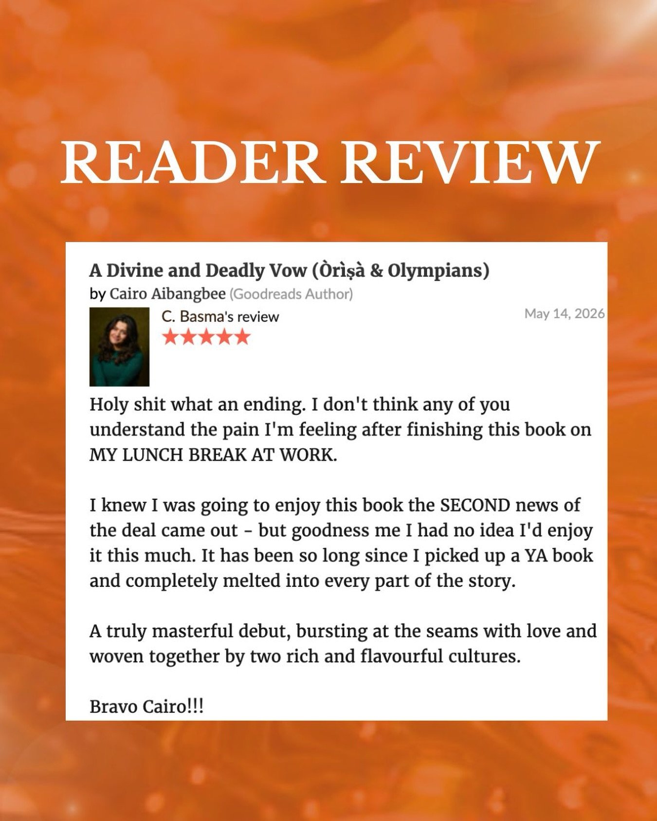 My first Goodreads review 🥹 Thank you my darling @bookishwithb_ this is wild 😭 

#ADivineAndDeadlyVow #BookReview #FantasyRecs #RomanceReader #&Ograve;r&igrave;ṣ&agrave;AndOlympians