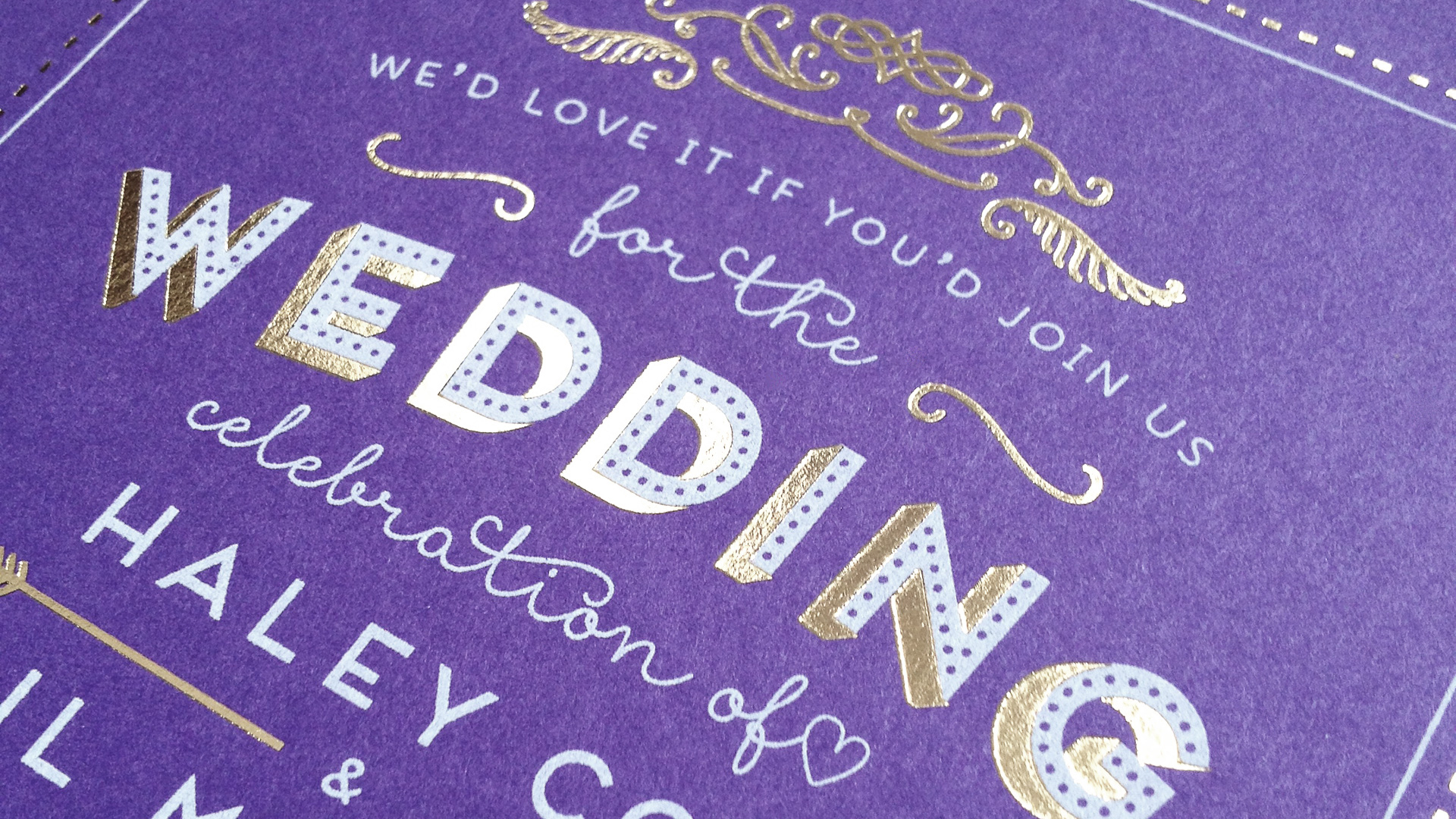 White, gold and purple wedding invites