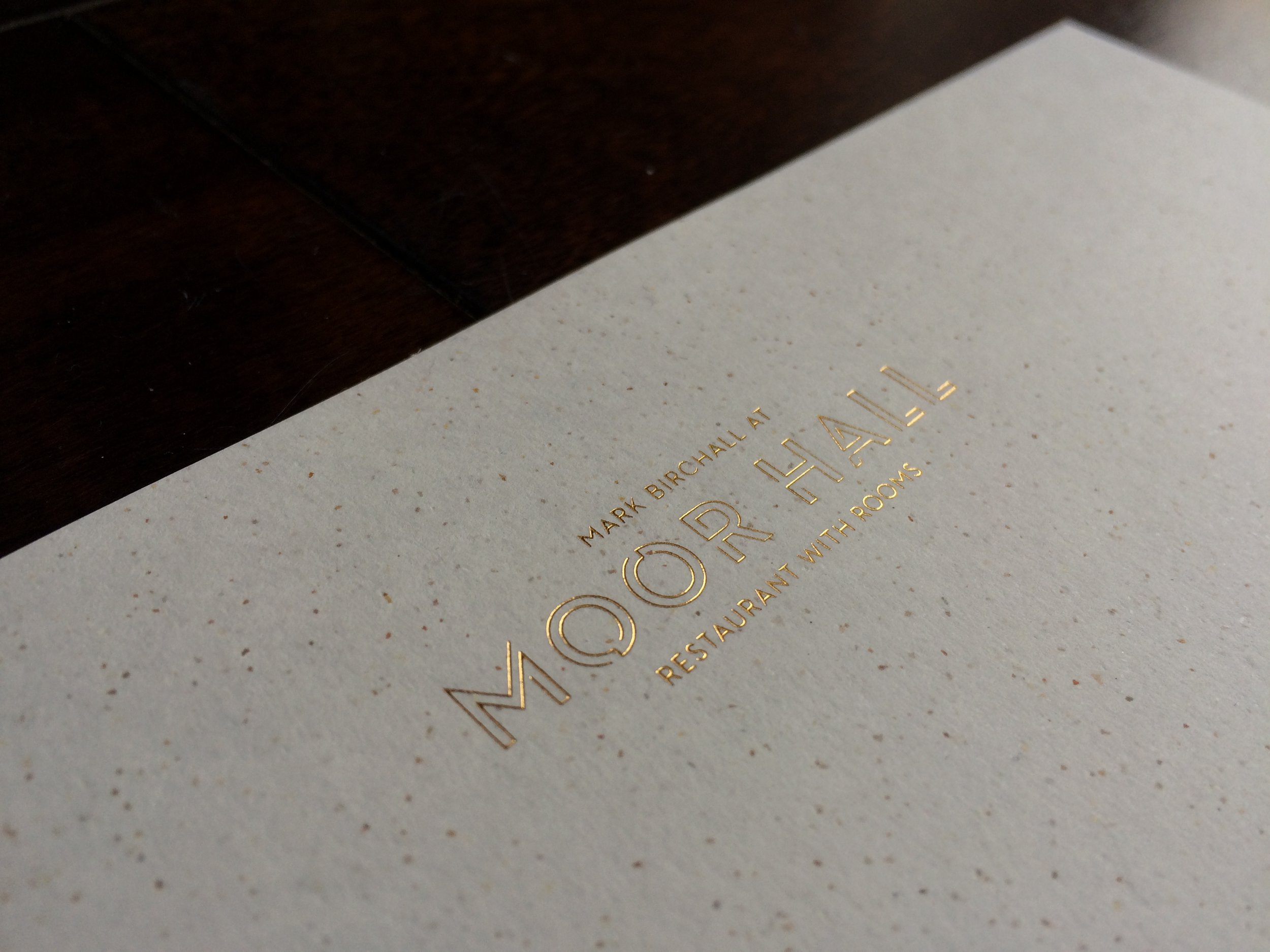 Moor Hall gold foil printed menus