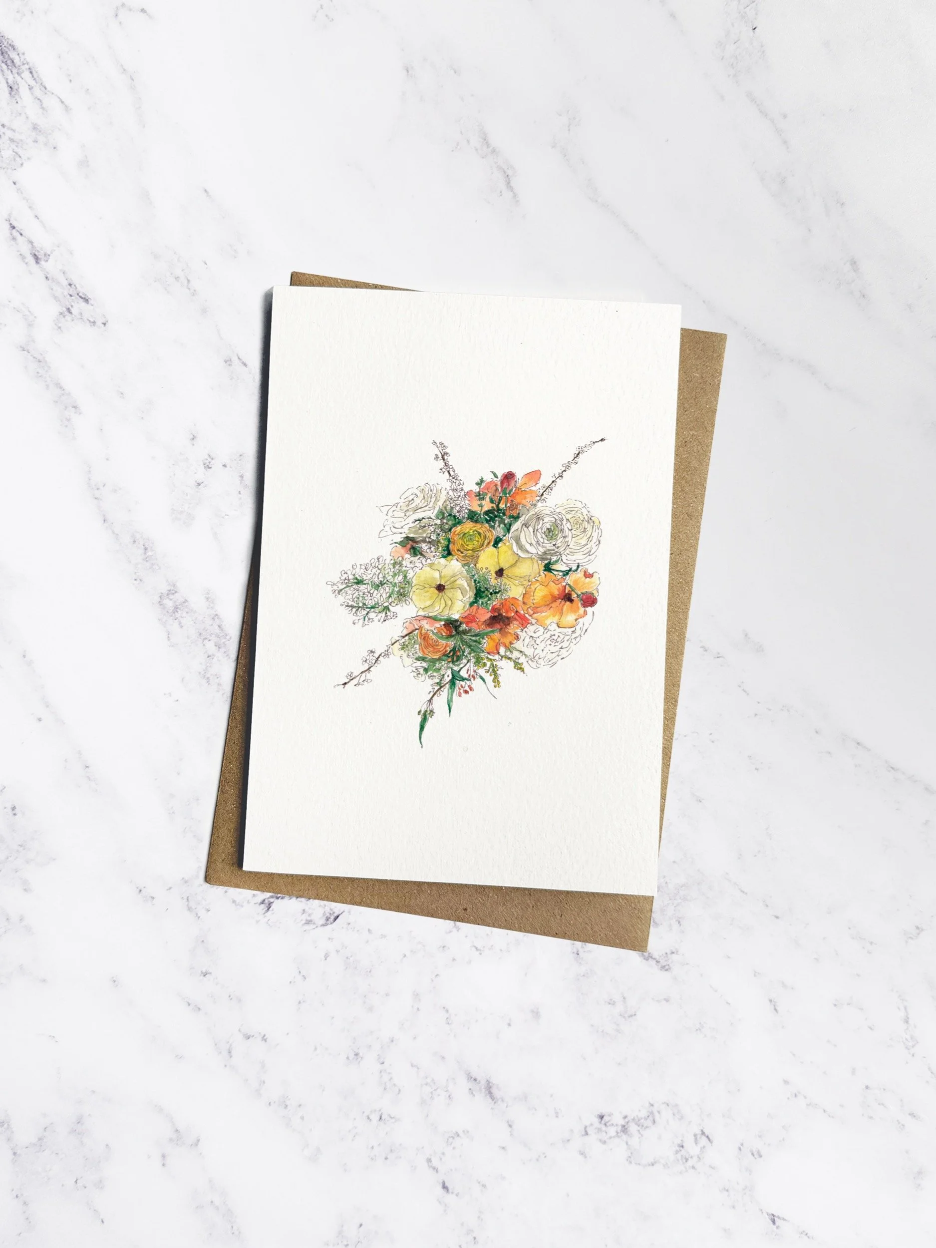 Hand painted watercolour illustration of a summer flower bouquet, with beautiful orange, yellow, white & greens. The card is on an off white textured paper with a brown kraft envelope tucked behind