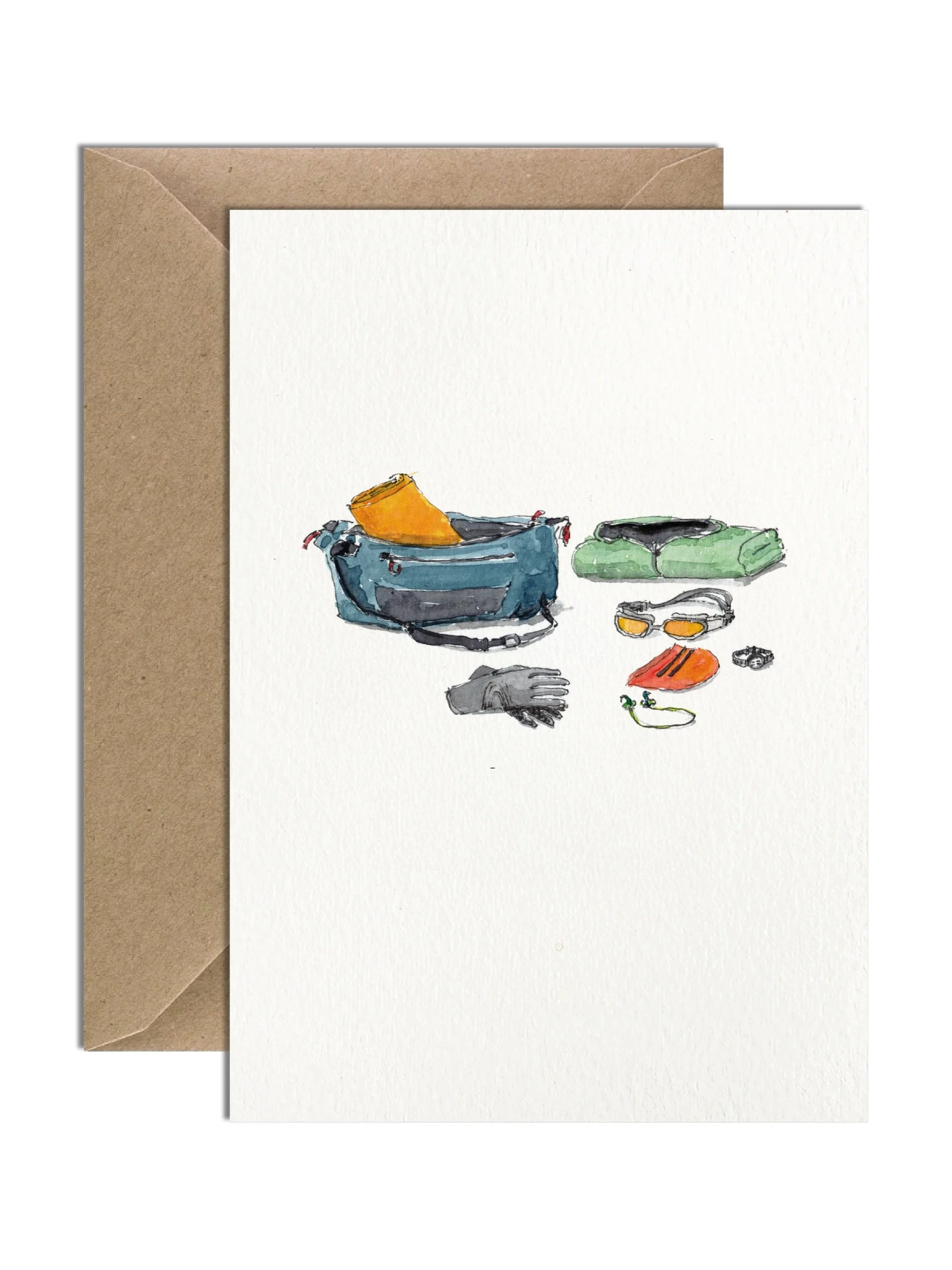 A watercolour greetings card celebrating the love of wild swimming, with illustrated essentials like a waterproof swim bag and gloves, presented against a white background.