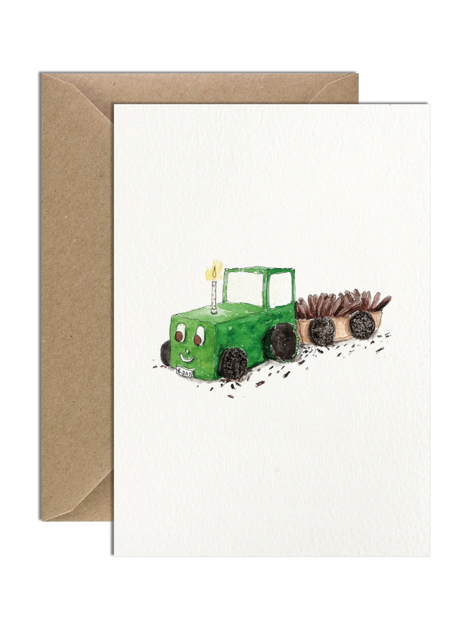 A charming watercolour birthday card with a hand-painted tractor-shaped cake, paired with a kraft envelope on a plain white background.