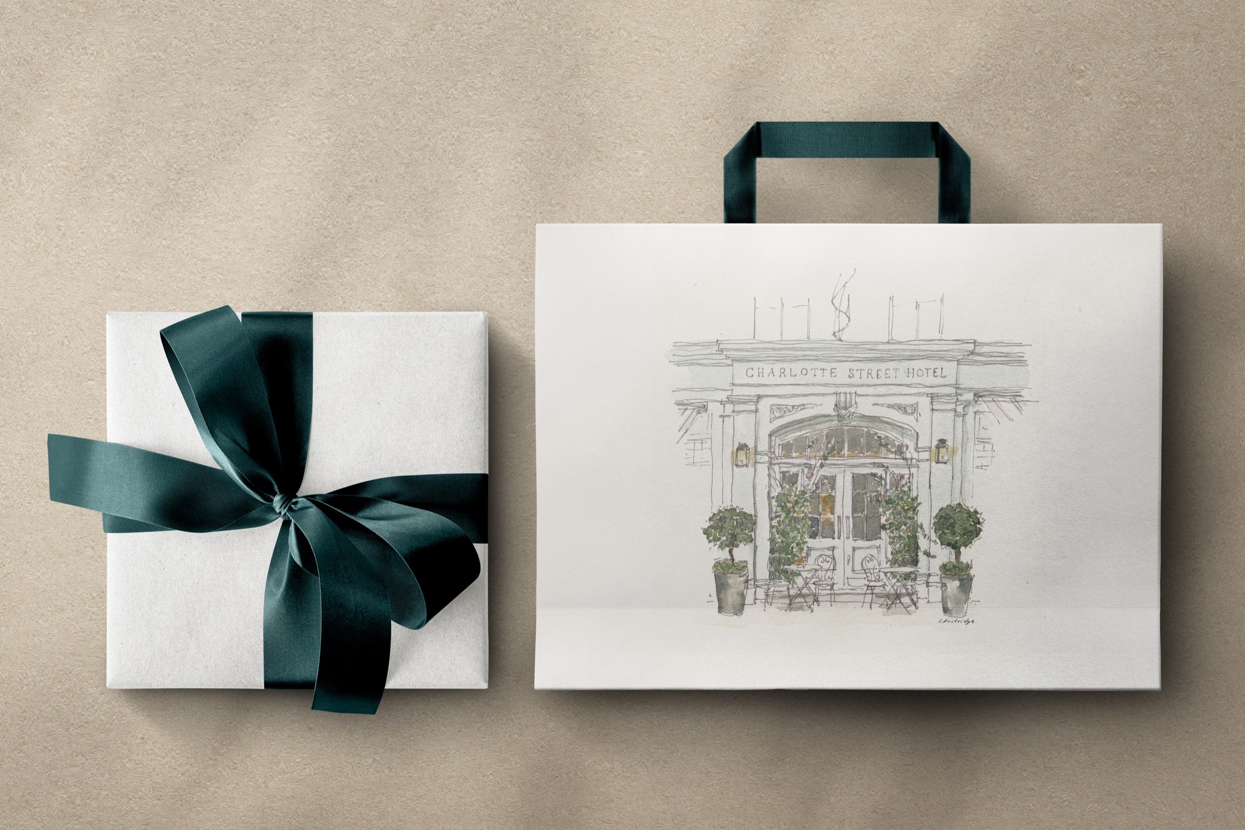Custom illustrated gift bag and box 