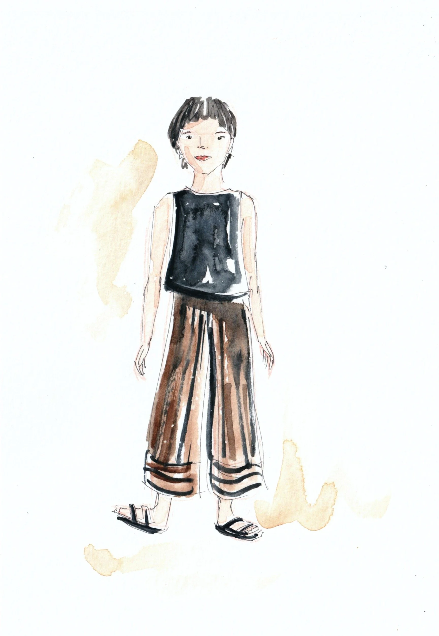  Watercolour live event illustration by Imogen Partridge. A white lady with short dark hair wears a black top with stripy brown and black trousers.  