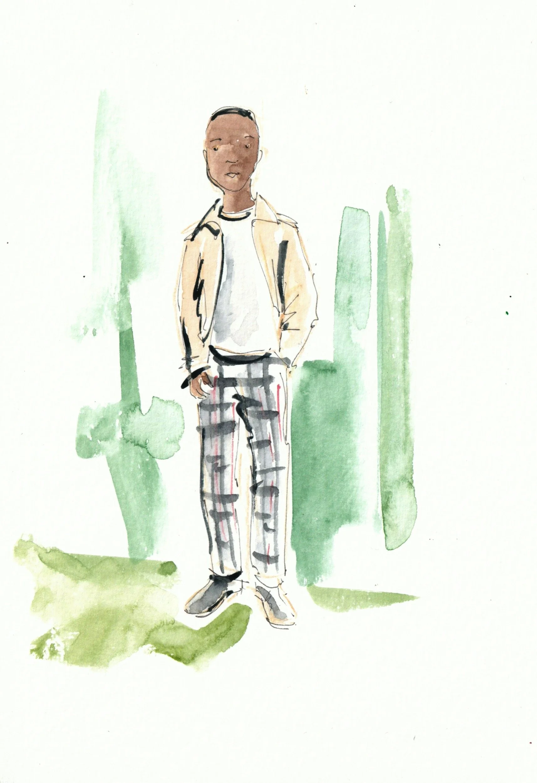  Loose ink and watercolour live illustration of a brown man in London with checked trousers and a cream jacket.  
