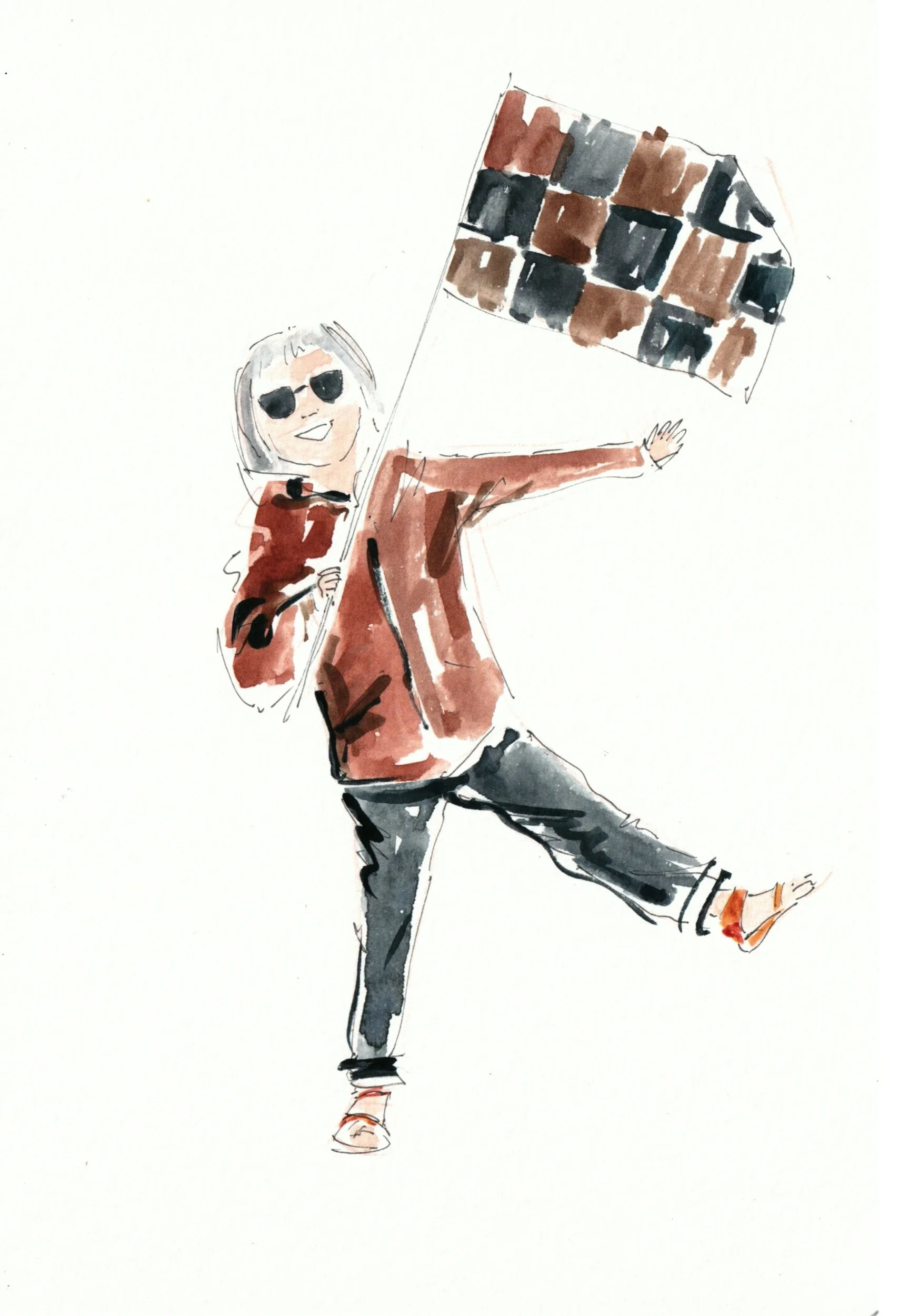  Fun loose ink and watercolour live illustration of a white lady with a brown coat and dark trousers holding a brown and black checked flag.  