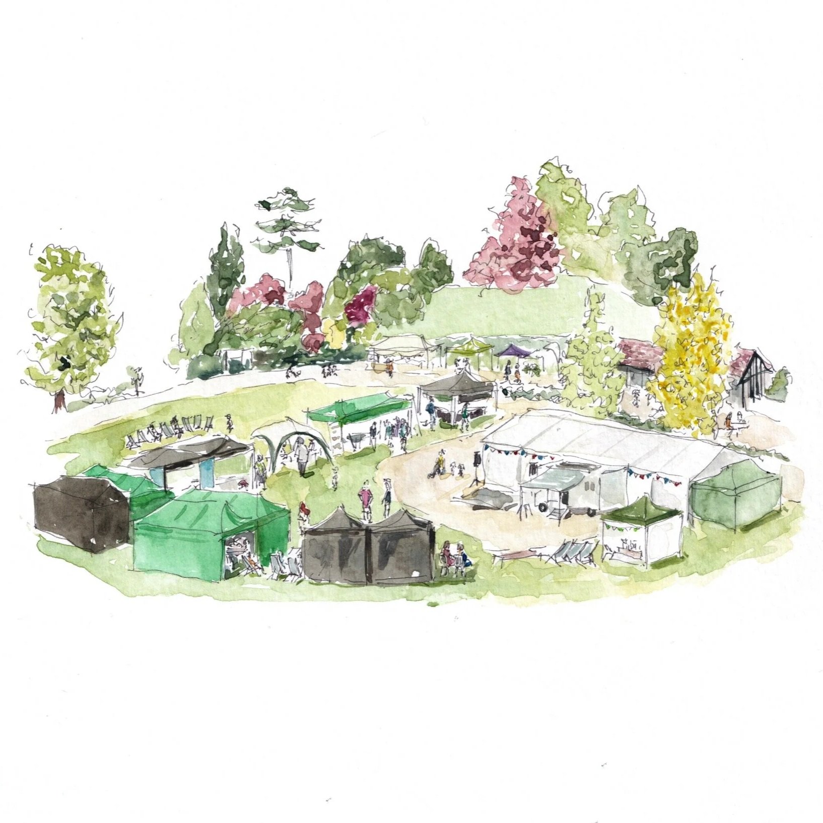 Illustrated scene by Imogen Partridge capturing live illustration at Tunbridge Wells Literary Festival in Calverly Park. The illustration shows the whole space with tents and people and trees in the background. It is a loose ink & watercolour style