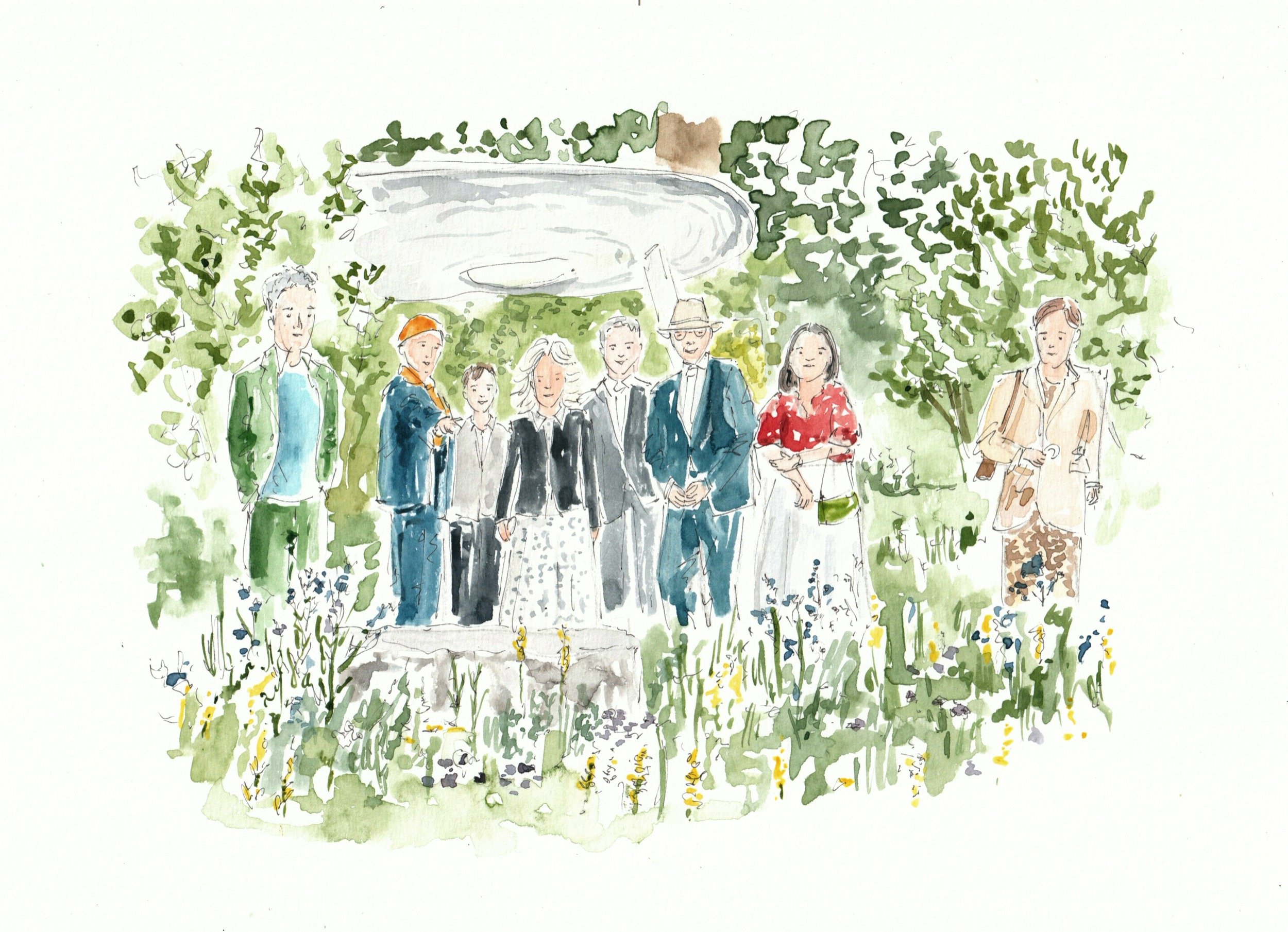People in a garden as a quick ink and watercolour live illustration from Chelsea Flower Show 2026