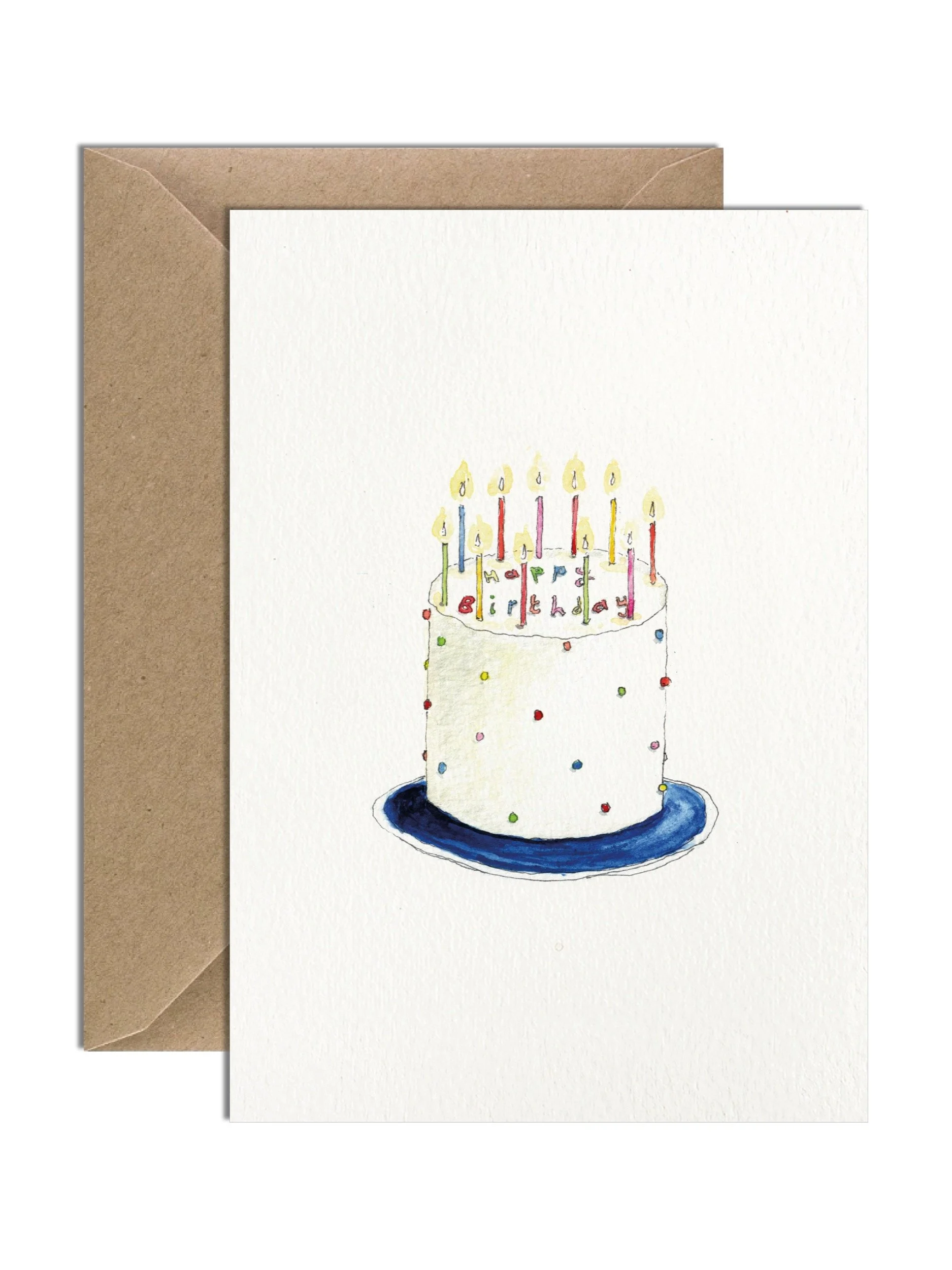 A fun and cheerful watercolour birthday card with a spotty cake design, paired with a kraft envelope on a plain white background.