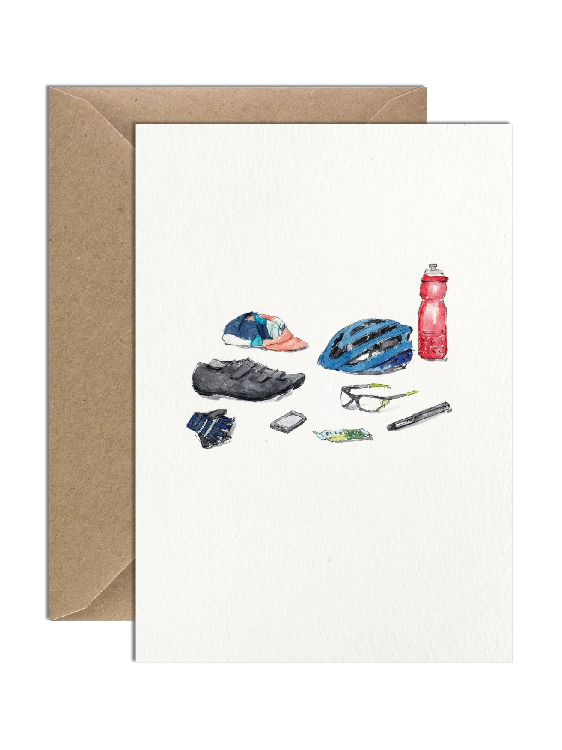 A cycling-inspired greetings card featuring a hand-painted watercolour collection of biking essentials, including a GPS tracker, mini bike pump, and sunglasses, presented against a white background.