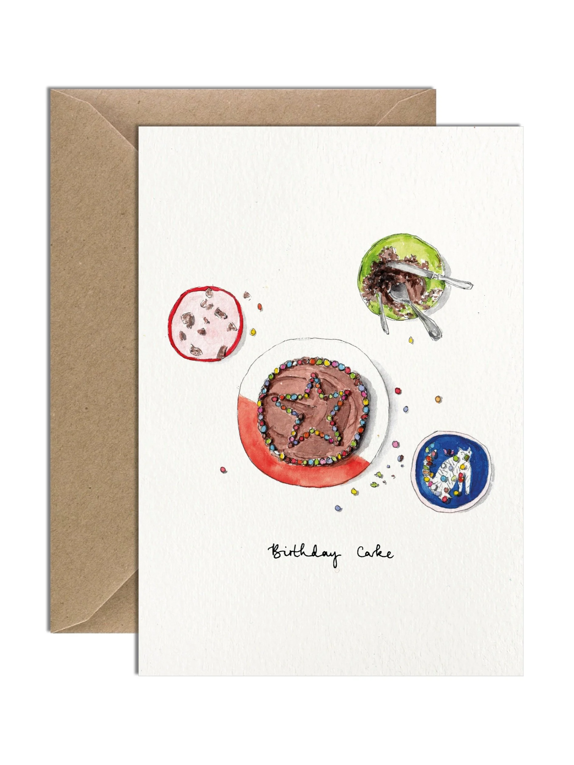 A whimsical watercolour birthday card with a hand-lettered "Birthday Cake" design, presented with a kraft envelope on a white backdrop.