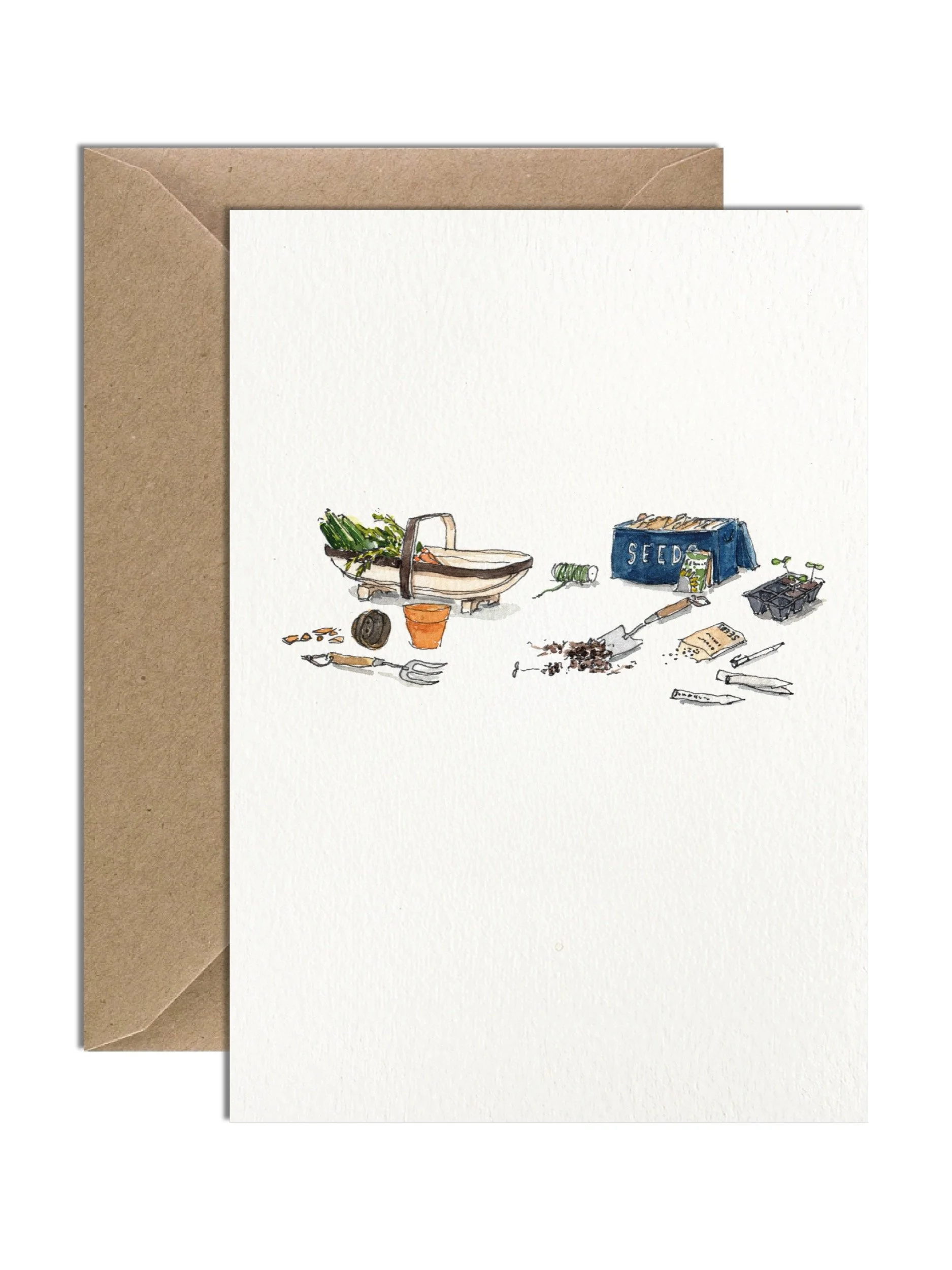 A gardening-inspired greetings card with delicate watercolour illustrations of an allotment trug, seed box, trowel, and seedlings, presented with a kraft envelope on a white background.