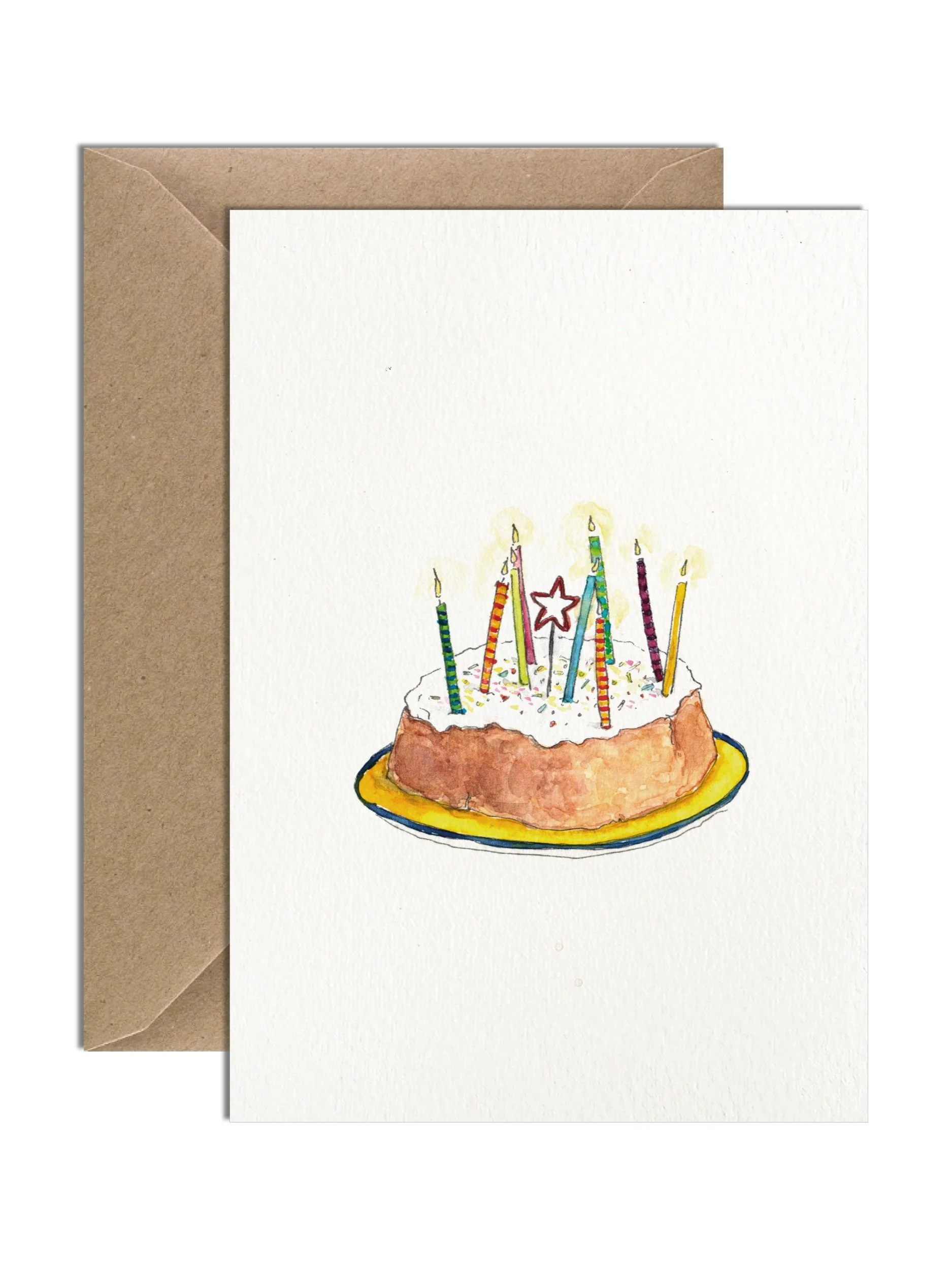 A nostalgic watercolour birthday card with a hand-painted homemade cake, paired with a kraft envelope on a white backdrop.