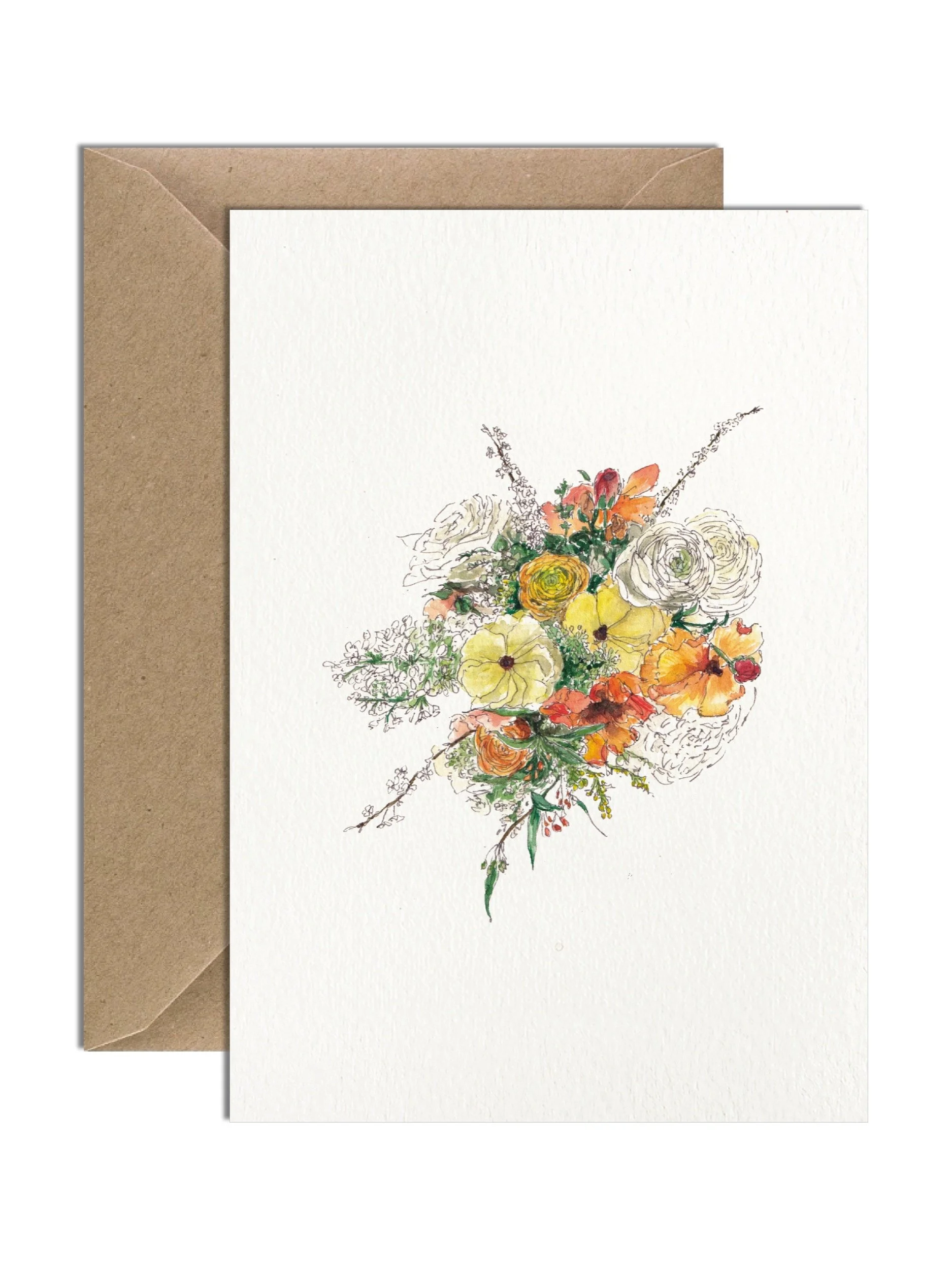 Bright yellowy, orangey bouquet of flowers beautifully illustrated in watercolour with lots of green foliage. The card is on an off white lightly textured card with a brown kraft envelope behind.