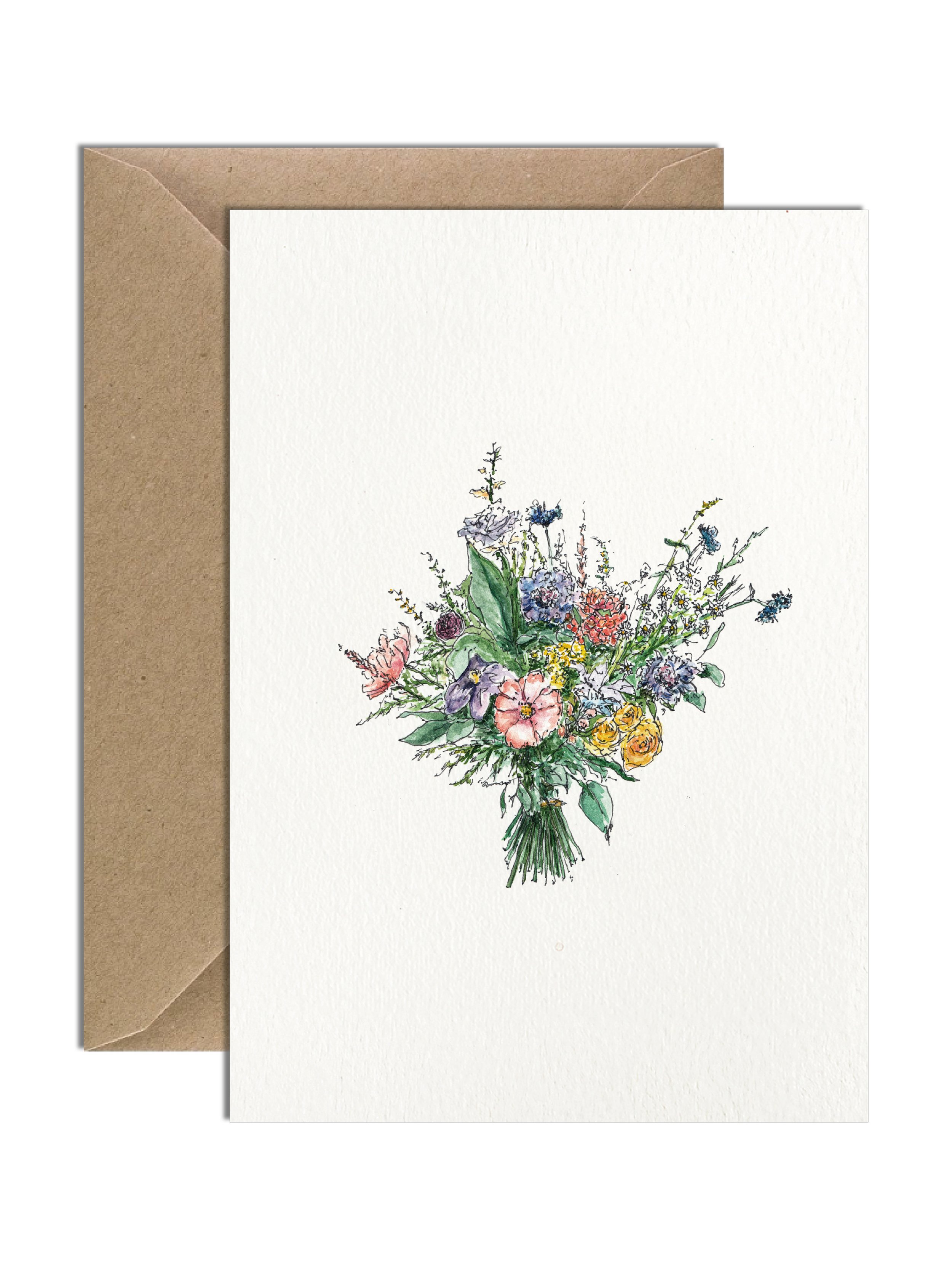 Beautiful bouquet watercolour illustration with wonderful flowers tied together, stems visible at the bottom. The card is on an off white lightly textured card with a brown kraft envelope behind.