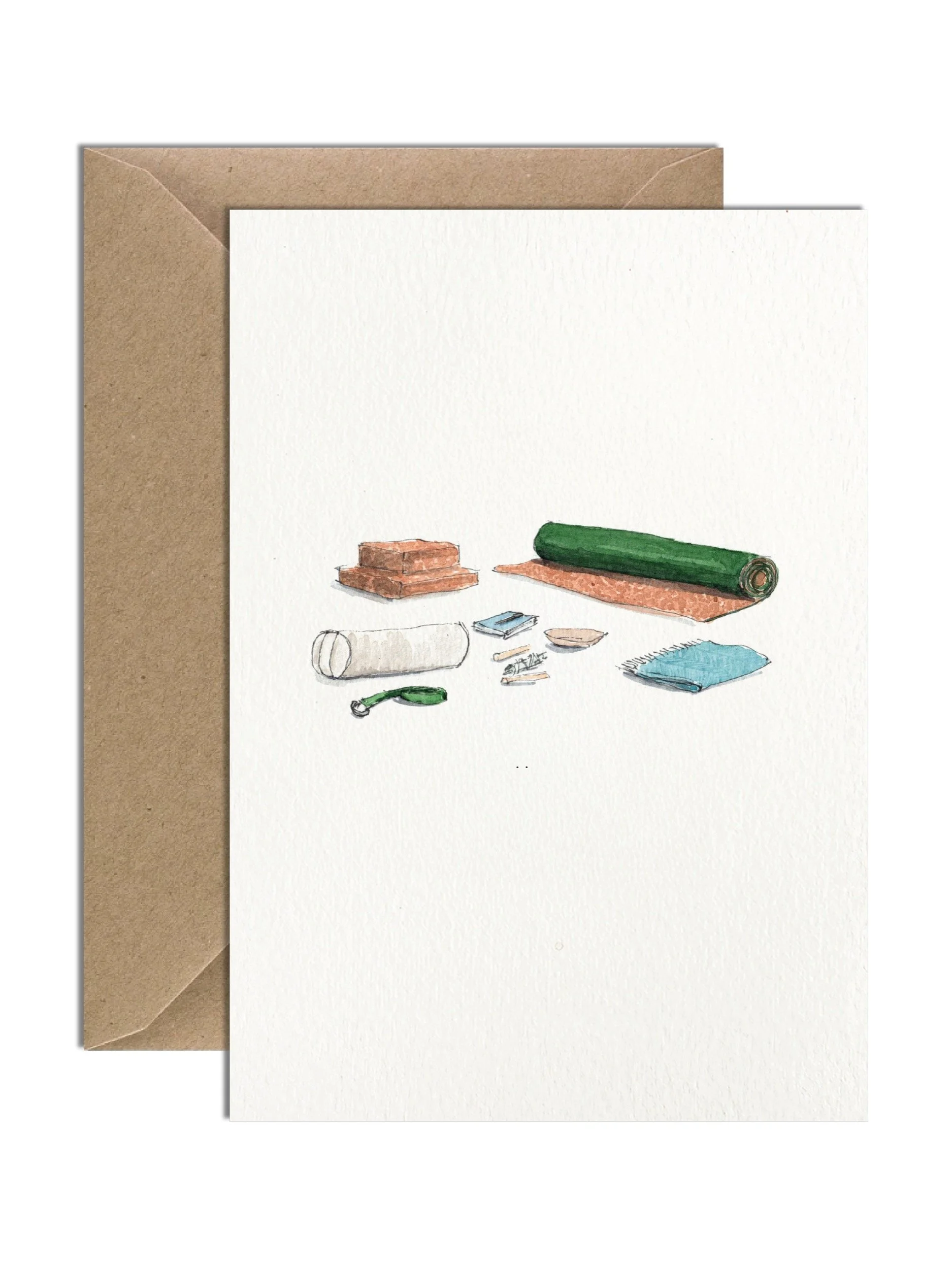 A beautifully illustrated yoga greetings card featuring a peaceful arrangement of yoga essentials, including a blanket, notebook, and yoga strap, placed against a white background.