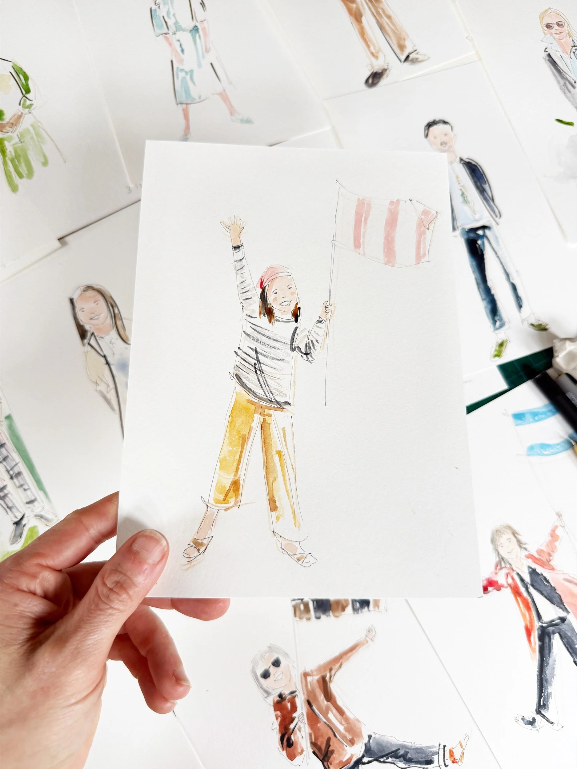 Live illustration watercolour portraits of a white lady with yellow trousers, stripy top and a pink hat.