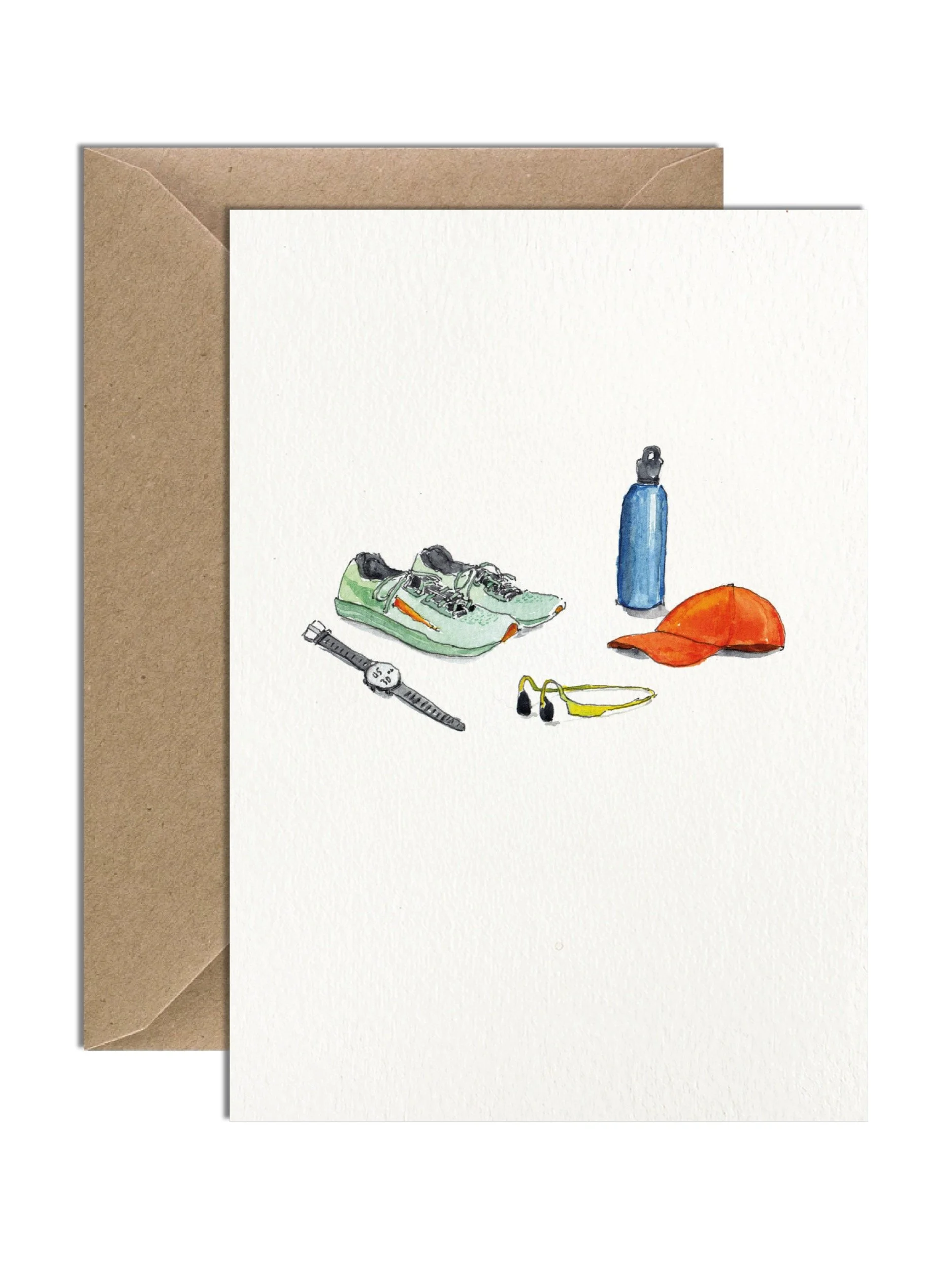 A beautifully illustrated running gear greetings card featuring a cap, sports watch, and running essentials, presented against a white background.