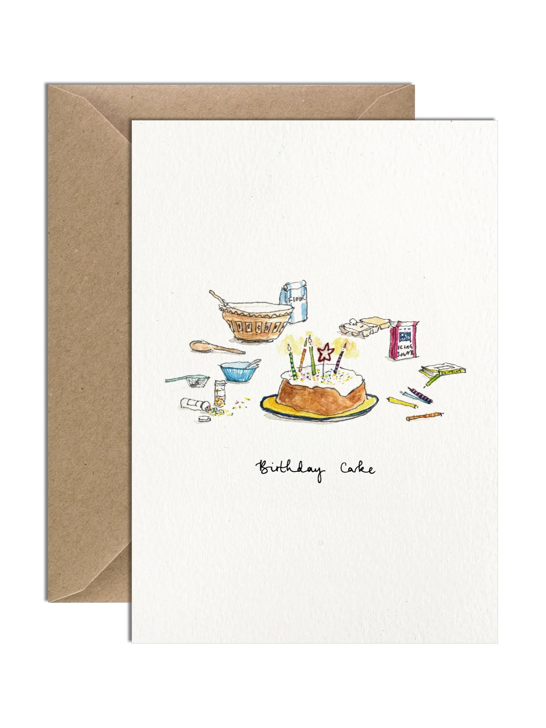 A nostalgic watercolour birthday card with a hand-lettered "Birthday Cake" design, paired with a kraft envelope on a plain white background.