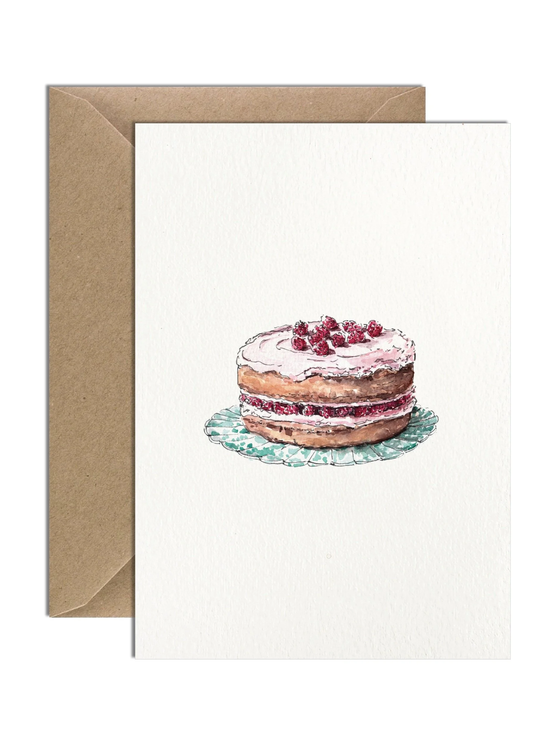 A sophisticated watercolour birthday card showcasing a layered raspberry cake, paired with a kraft envelope on a plain white background.