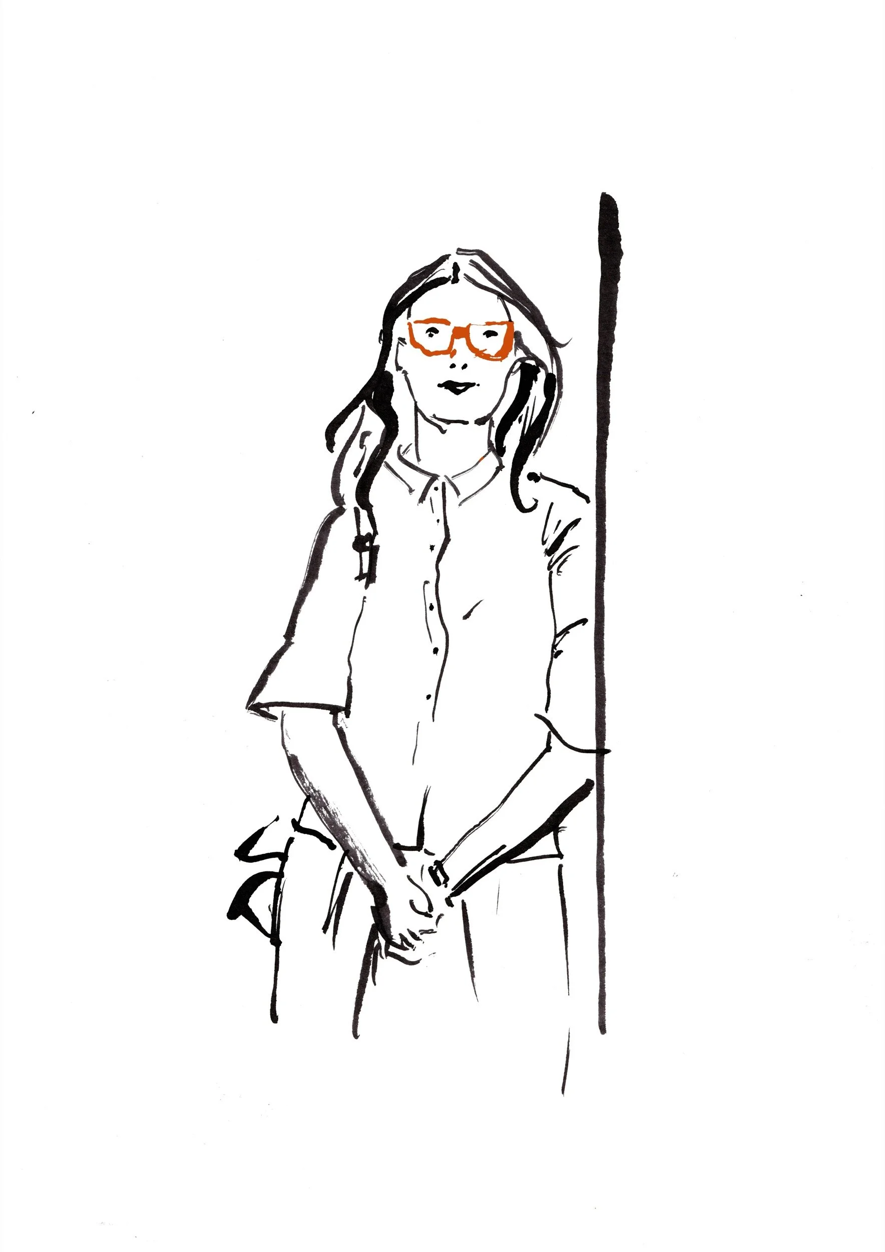 Monochrome line drawing of a lady leaning against a wall. She has an orange pop of colour from her glasses and the watercolour illustration is loose and expressive