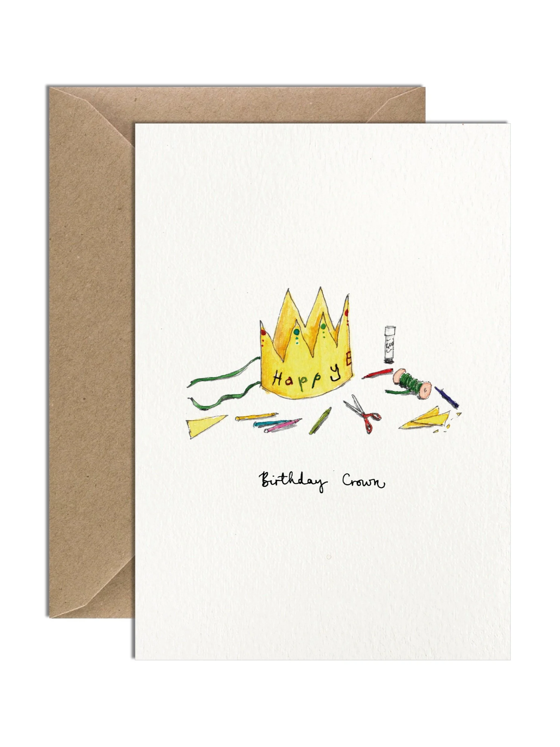 A nostalgic watercolour birthday card with a "Happy Birthday" crown illustration, paired with a kraft envelope on a plain white background.