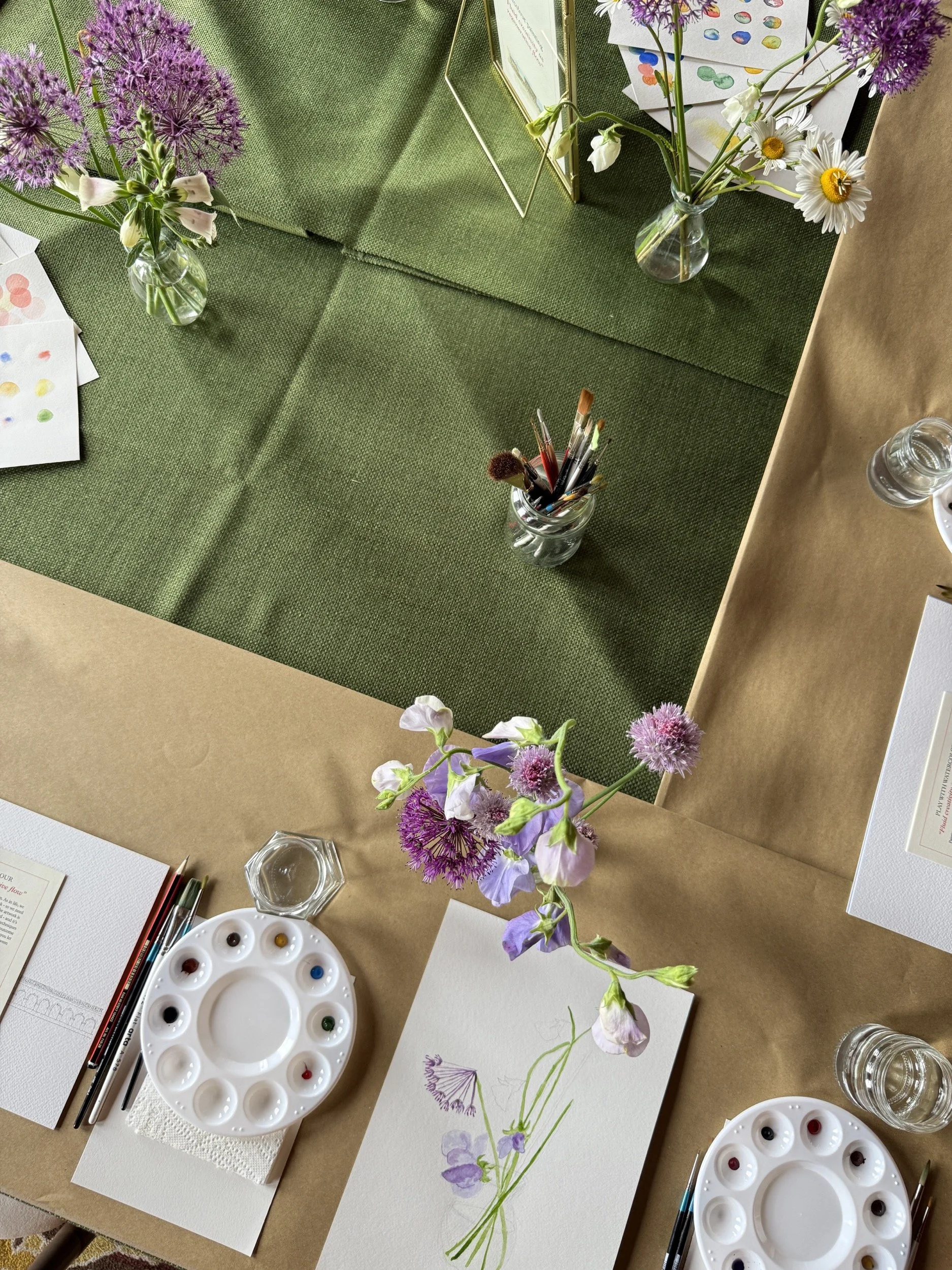 Watercolour workshop at Cliveden National Trust, showing the table from above with a beautiful floral painting and flowers on the table, watercolour paints and materials at the ready.