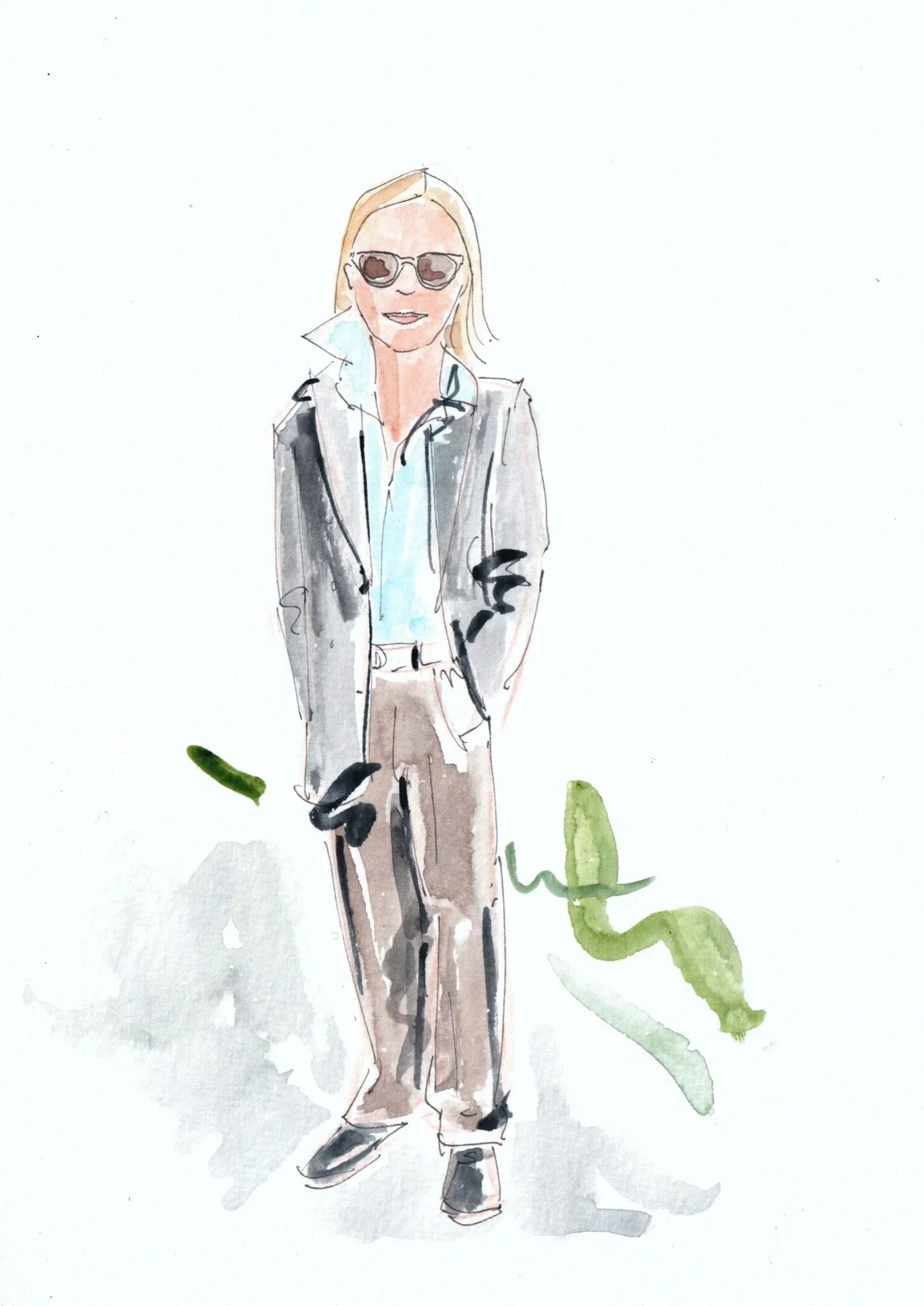 Ink and watercolour live event illustration showing a loose illustration style with a white woman in a grey suit and sunglasses