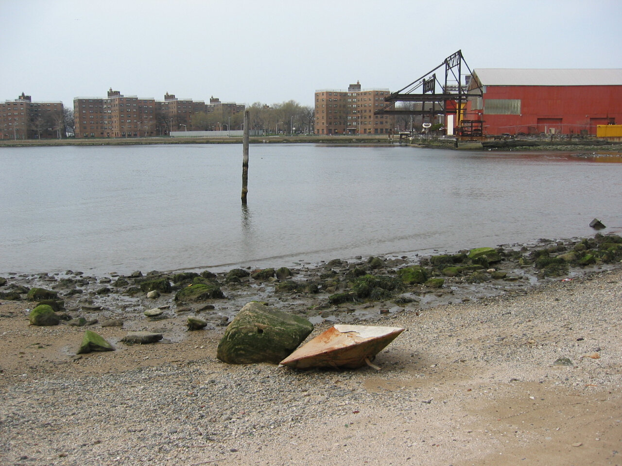   Flying saucer, 3:02pm, April 18, 2004. Near Socrates Sculpture Park, Long Island city. (We usually imagine aliens to be somewhat human-sized, but this proves differently.)  