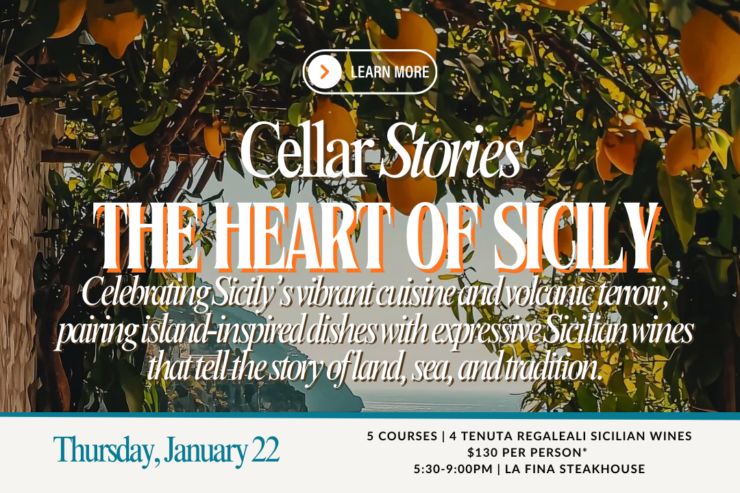 Elegant multi-course Sicilian-inspired dinner for Cellar Stories: The Heart of Sicily, featuring charred prawns, vitello tonnato, tomato linguine, lamb porterhouse, and Sicilian cannoli, paired with Tenuta Regaleali wines
