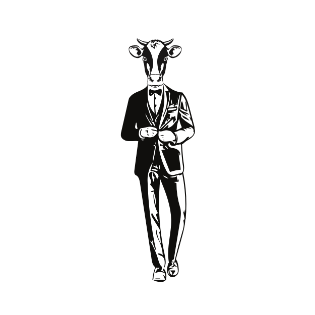 Signature logo of La Fina, a cow in a tailored suit, symbolizing refined steakhouse dining with a modern, creative twist.