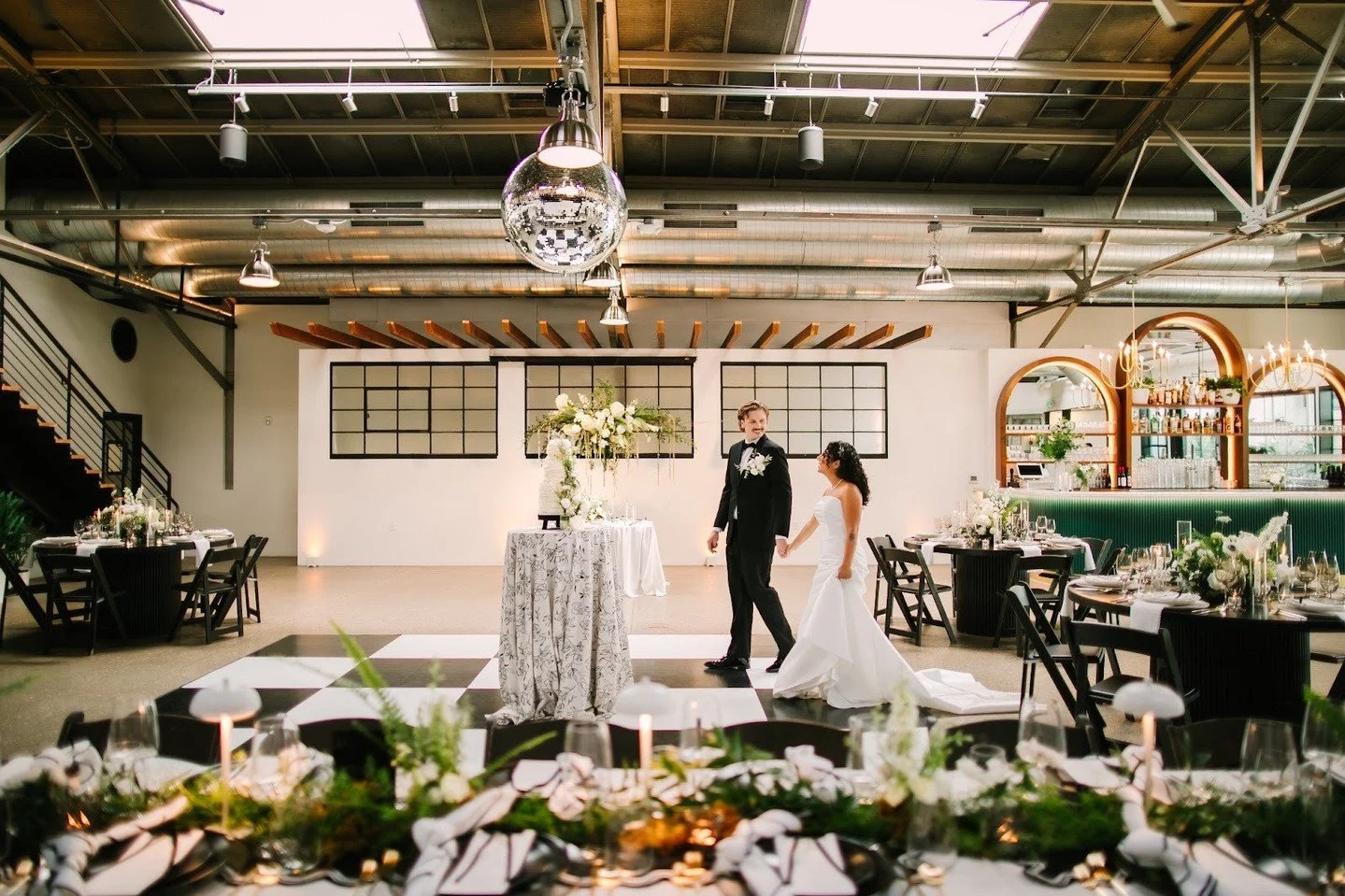 Feeling bold?  Our reception hall suits all personalities and decor styles, from simple &amp; minimalistic to checkered dance floors and a little disco magic. ⁠
⁠
⁠
Host, Styling &amp; Planning: @tinsmithevents⁠
Floral: @generationswfnp⁠
Photography: