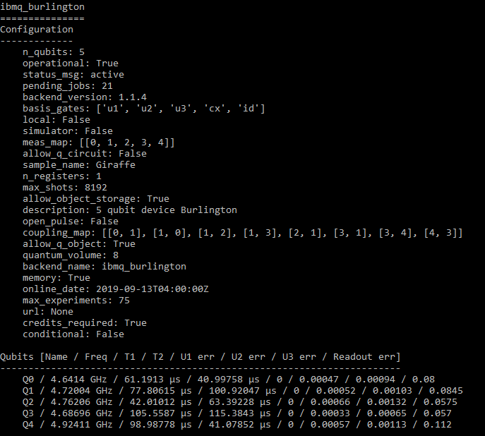 Screenshot showing the device information for the IBMQ Burlington quantum device.