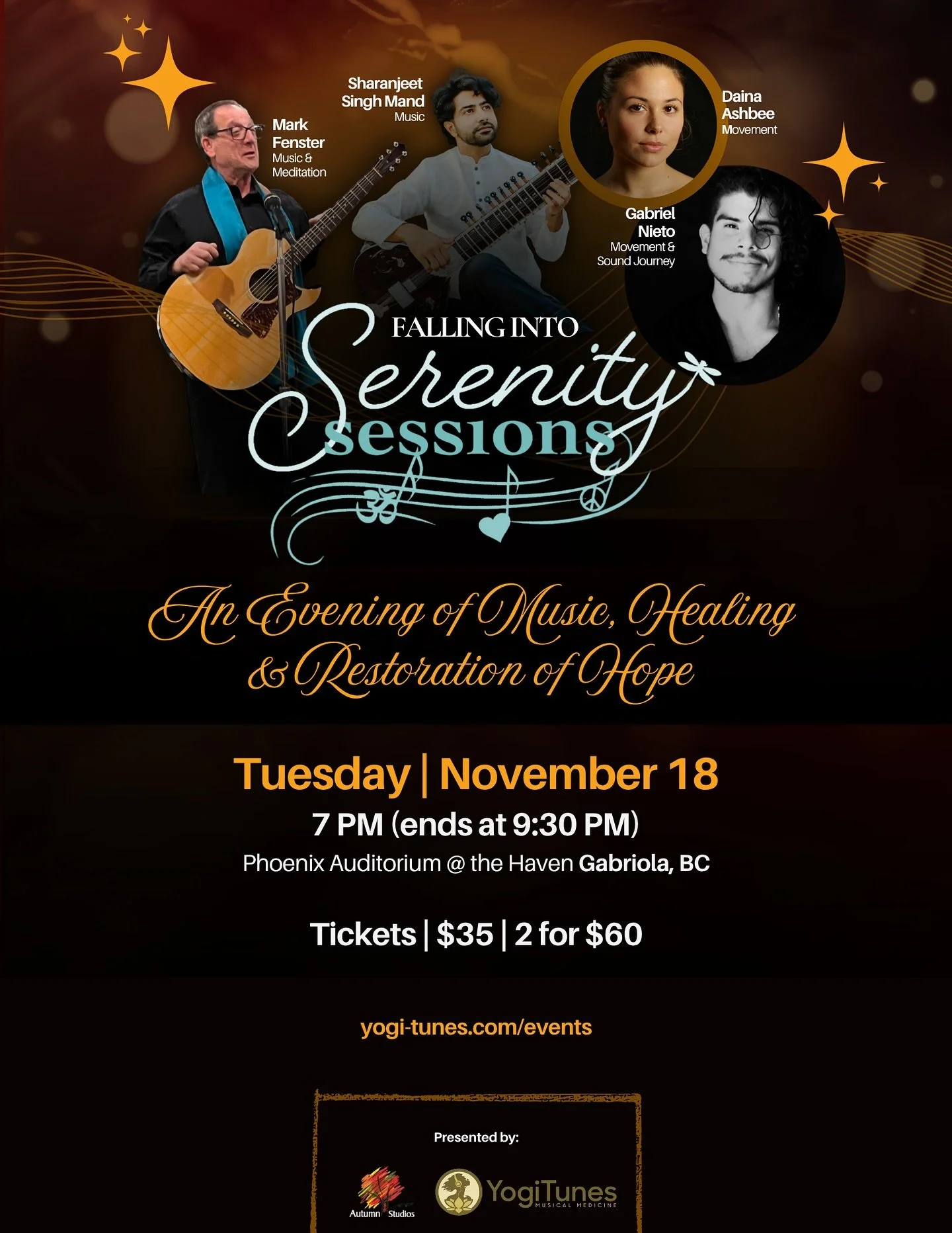 Gabriola Island 🌙 Tomorrow night, something special unfolds...

Falling into Serenity Sessions at Phoenix Auditorium
Tuesday Nov 18 | 7-9:30pm

Picture this: candlelight, the haunting beauty of sitar &amp; tabla, gentle movement, and Mark Fenster&rs