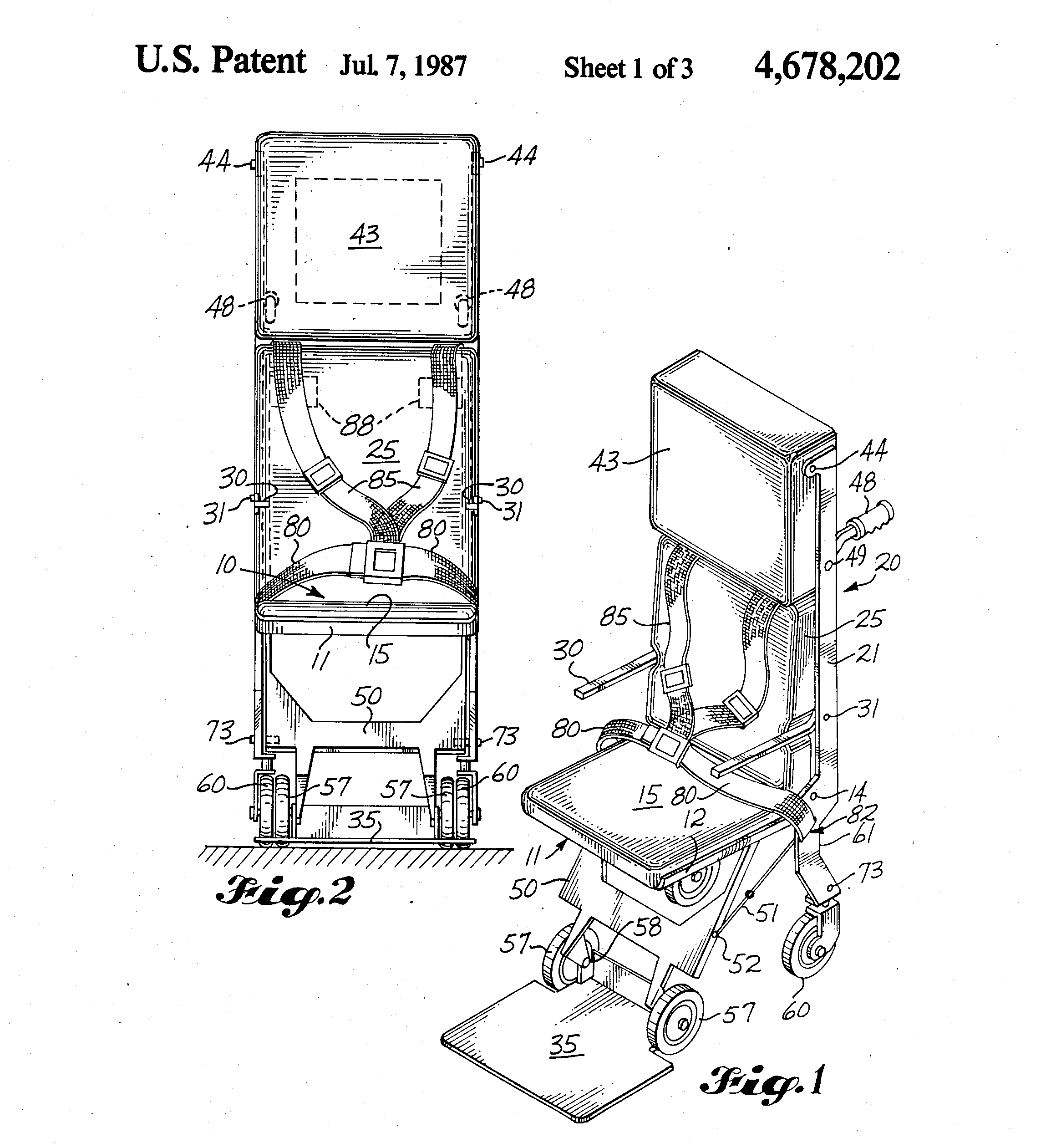 A technical illustration from a 1986 patent filed by the Boeing Company, depicting an onboard wheelchair with small wheels and a narrow, tall backing. Folding wheelchair invented by Tom M. Jensen, Deborah P. Jensen, Frederick T. Yoshimura. US Patent…