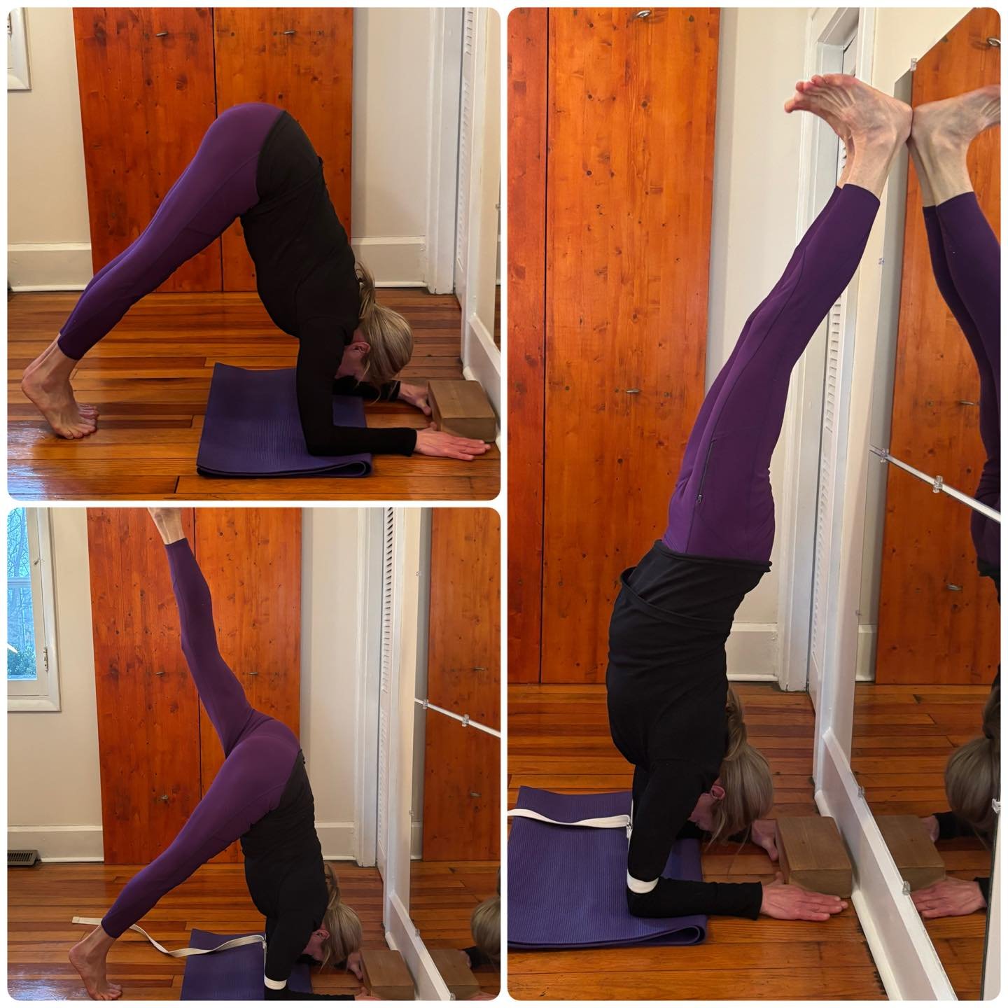 This is pincha mayurasana (feather of a peacock pose) with wall support. Pincha mayurasana is a forearm balance. These inverted arm balances build strength, stamina, courage, and confidence whether we work at the preparatory stages or kick up to the 