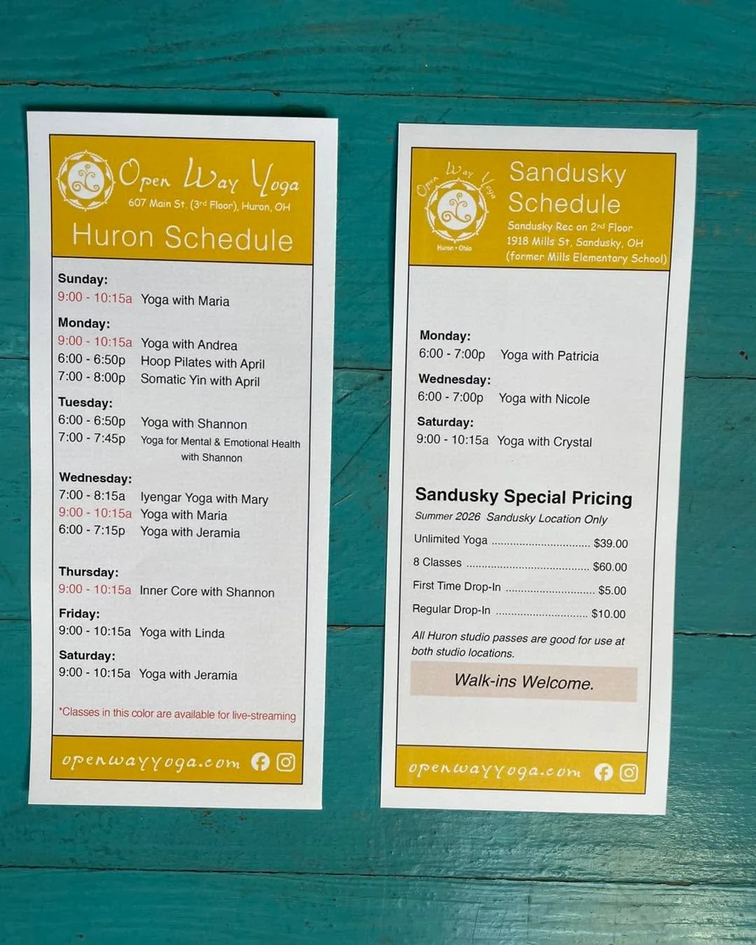 Summer Schedule starts tomorrow, June 1!

Buy passes and Register for class at: https://openwayyoga.com