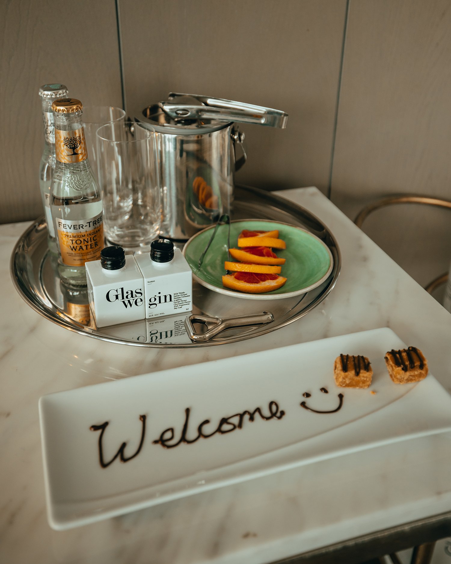 A welcome package in the hotel bedroom 