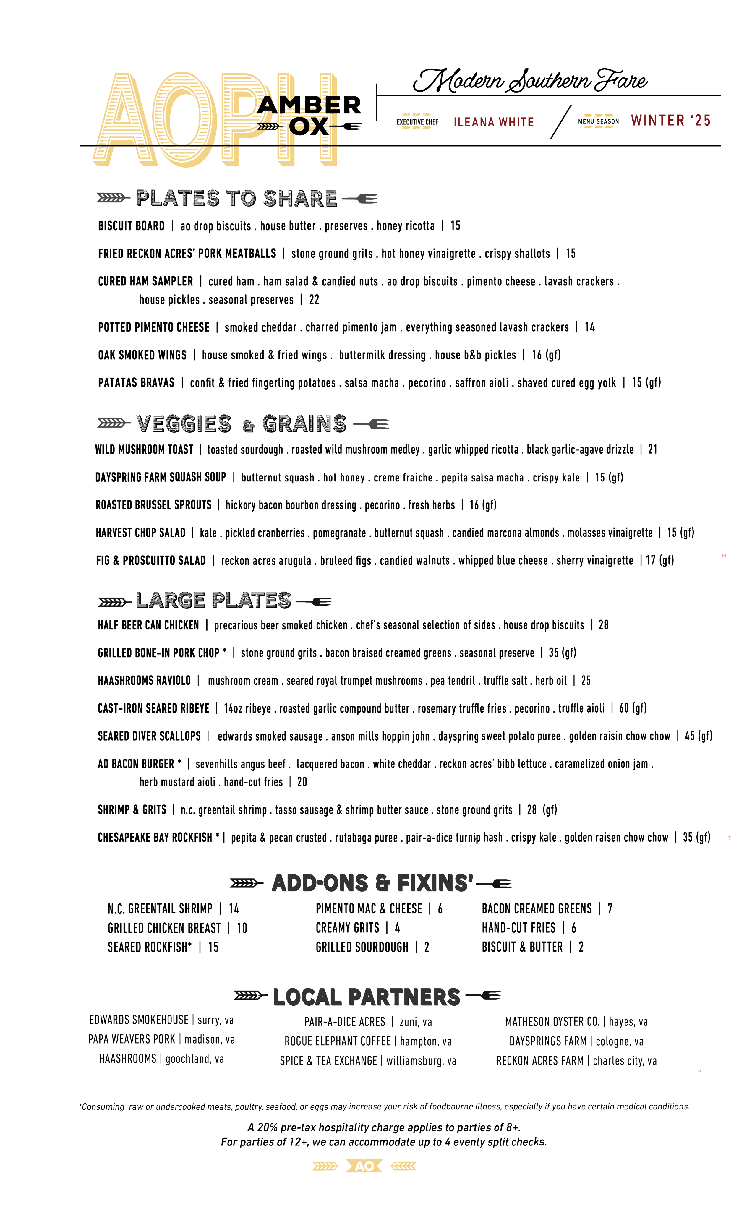 Modern Southern Fare menu with sections for share plates, vegetables and grains, large plates, add-ons, and local partners, featuring dishes like pork tenderloin, house smoked wings, roasted Brussels sprouts, half beer can chicken, grilled bone-in pork chop, and smoked sourdough, with a black background and gold accents.