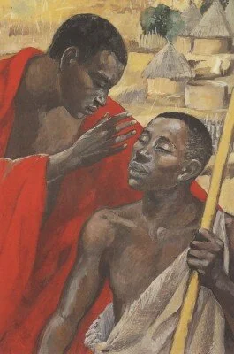 Healing the Blind Man. Jesus MAFA, 1973. Paintings from Photos of Reenactments, Cameroon. Vanderbilt Divinity School Library, Art in the Christian Tradition.