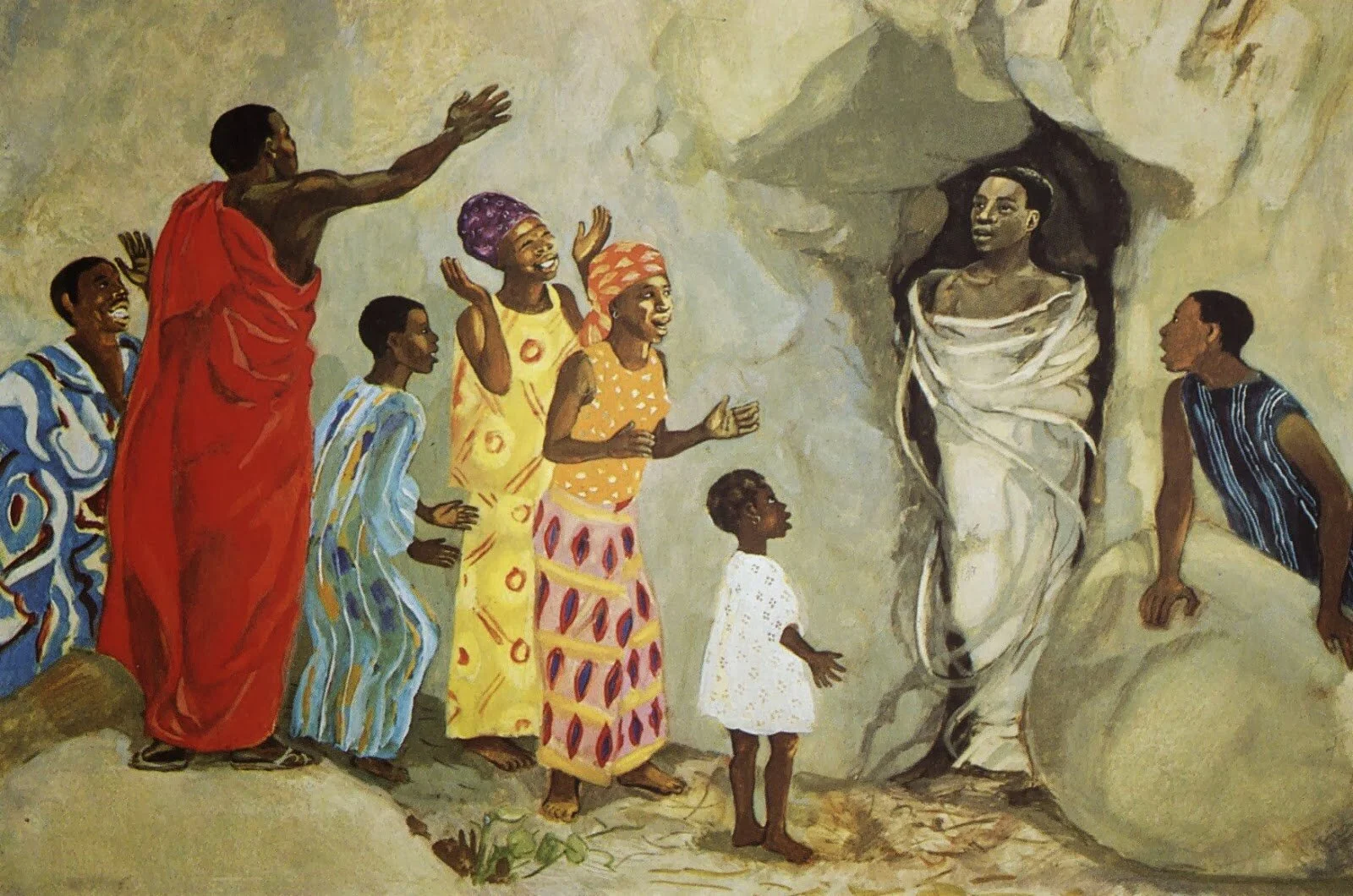 Jesus Raises Lazarus. Jesus MAFA, 1973. Paintings from Photos of Reenactments, Cameroon. Vanderbilt Divinity School Library, Art in the Christian Tradition.