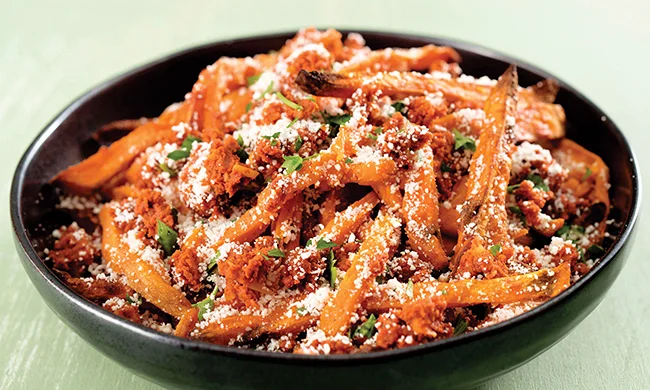 Baked Sweet Potato Fries with Chorizo and Cotija