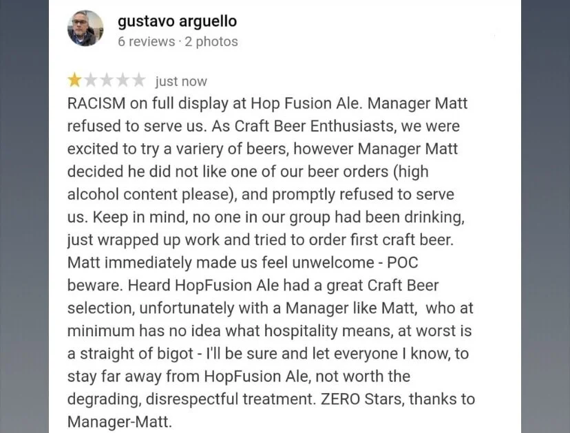 Review left by Mr. Arguello about his experience at Hop Fusion Ale Works
