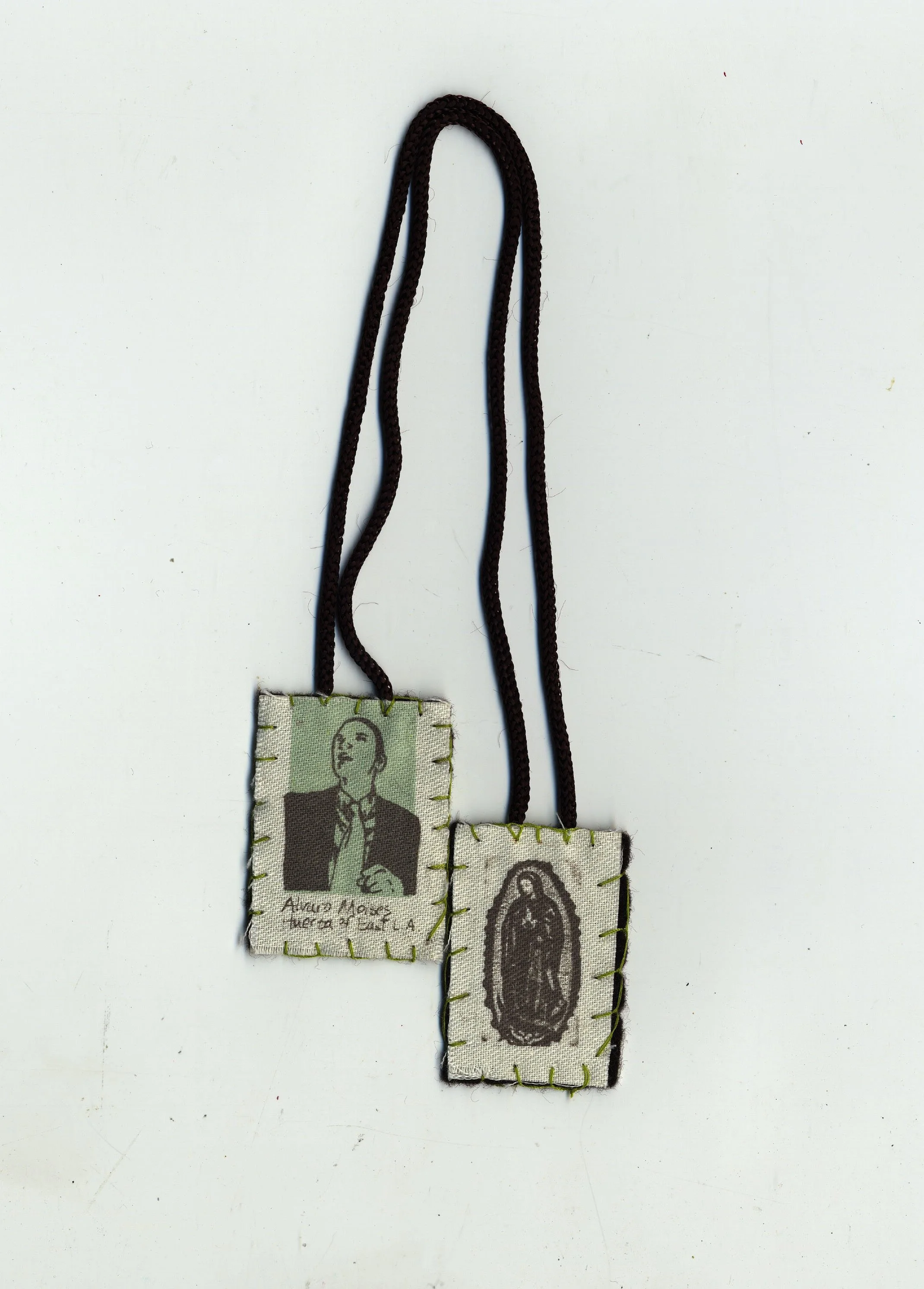  Scapular Series: Alvaro Moises Huerta of East L.A. 
screenprint on fabric, cord, felt, stitching
2008