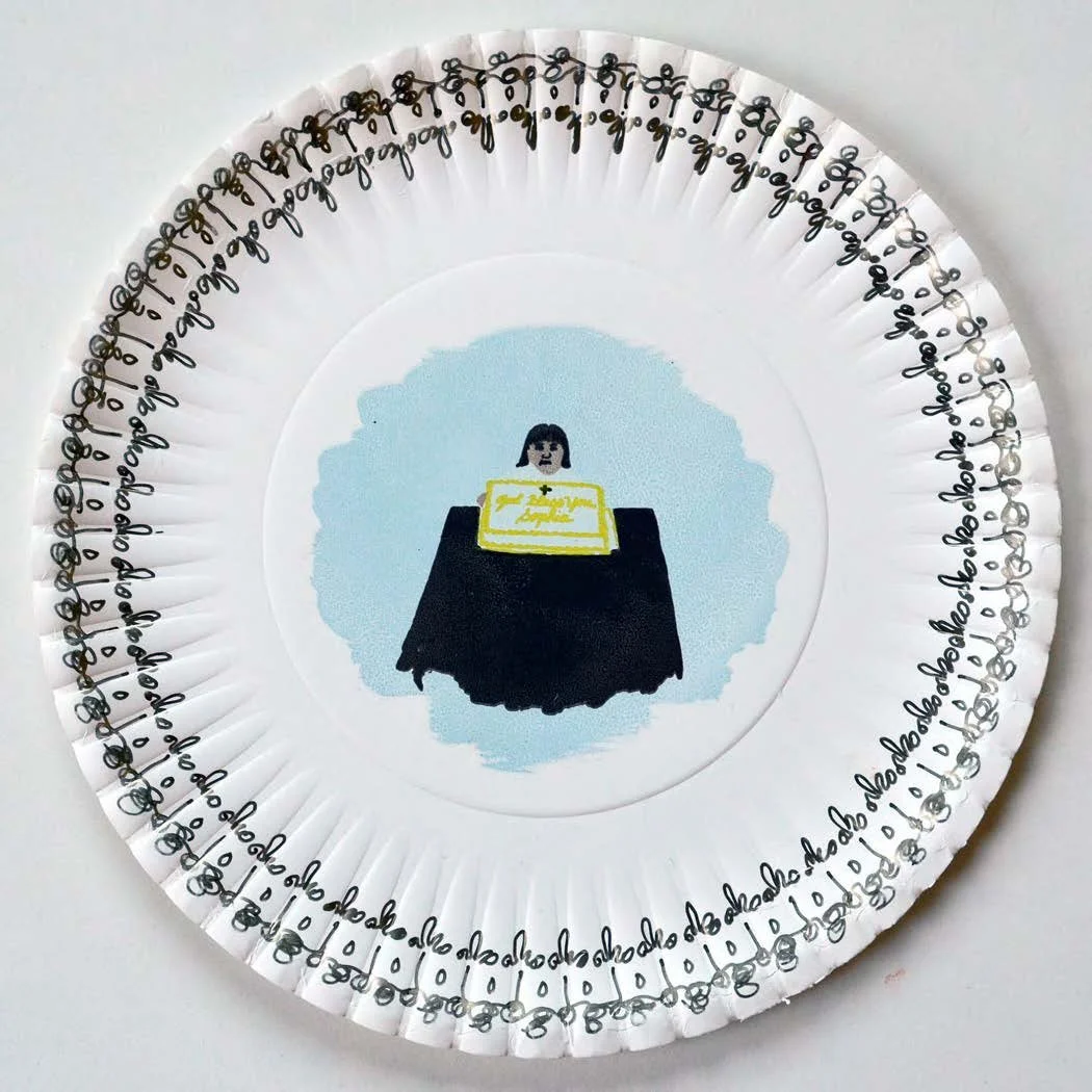  Fancy Paper Plate Series: God Bless You, Sophia 
screenprint and gold marker
9" diameter
2008