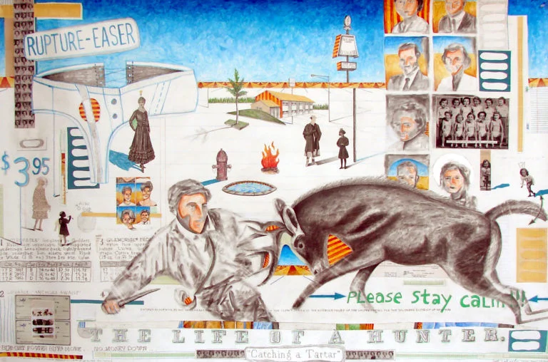 Jeff F. Wheeler, “The Life of a Hunter,” mixed media on paper, 40” x 60 “, 2015.