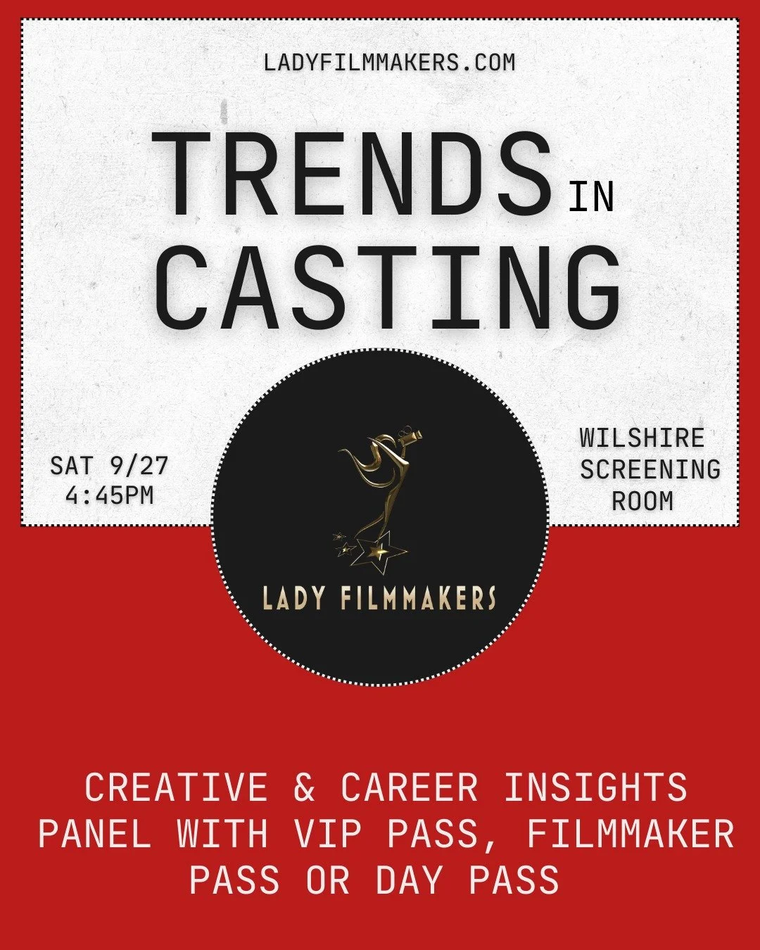 🚨Don't miss Trends in Casting, our last panel of the 17th #LadyFilmmakers Film Festival! 🚨 You'll get insights from CSA Casting Directors and their experience working with producers + trends in finding and casting talent! Saturday, 9/27 - 4:45pm. 
