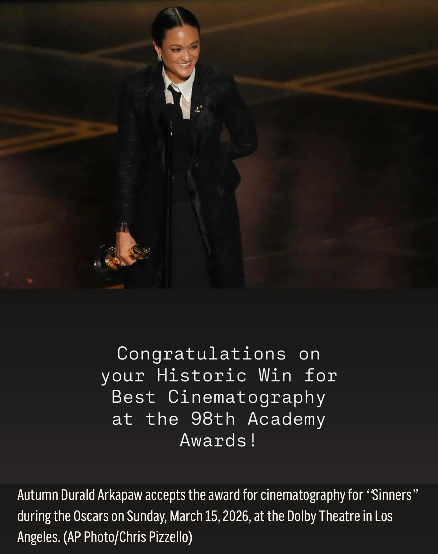 Congratulations, Autumn Durald Arkapaw, on your trailblazing award for #SinnersFilm #BestCinematography at the #academyawards2026 ! Another creative triumph collaborating with #ryancooglersinners.