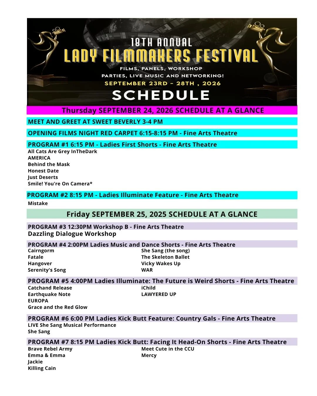 🎬 Lady Filmmakers Festival is underway!

Check out our Thursday &amp; Friday schedule for two packed days of films, workshops, live music, networking, and more in Beverly Hills. ✨

Save the schedule and join us for the 18th Annual Lady Filmmakers Fe
