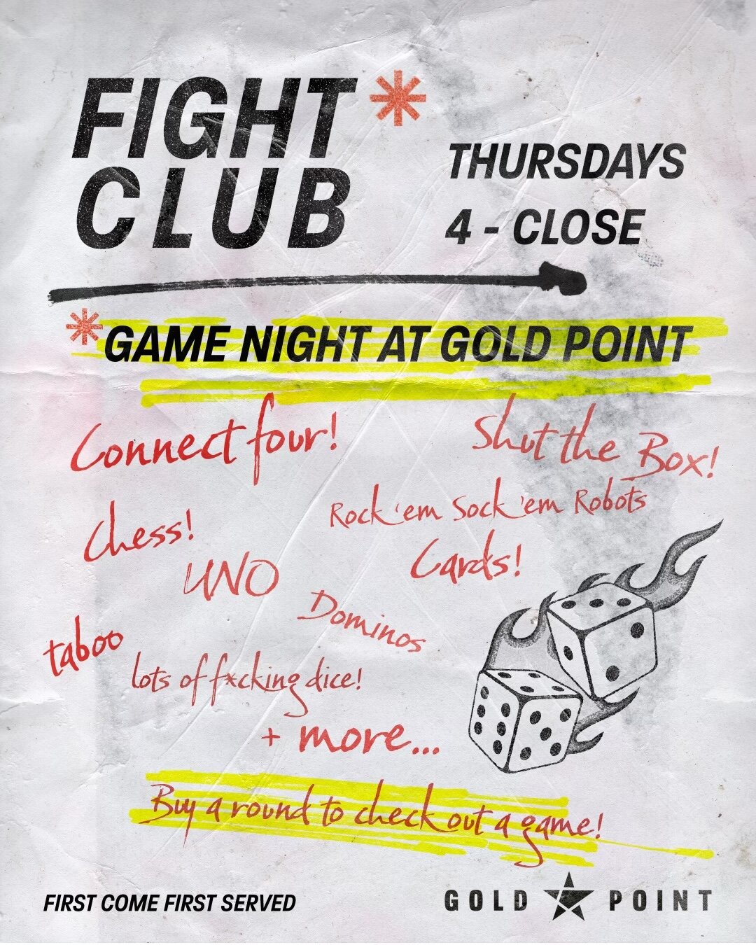 Fight Club @goldpointdenver. Every Thursday, all the games your heart desires, from 4pm-close 

#gamenightdenver #goldpoint #goldpointbar #rinobar #rinoartdistrict #denvercocktails #denvercocktailscene #denvercocktailbar #cocktailsdenver